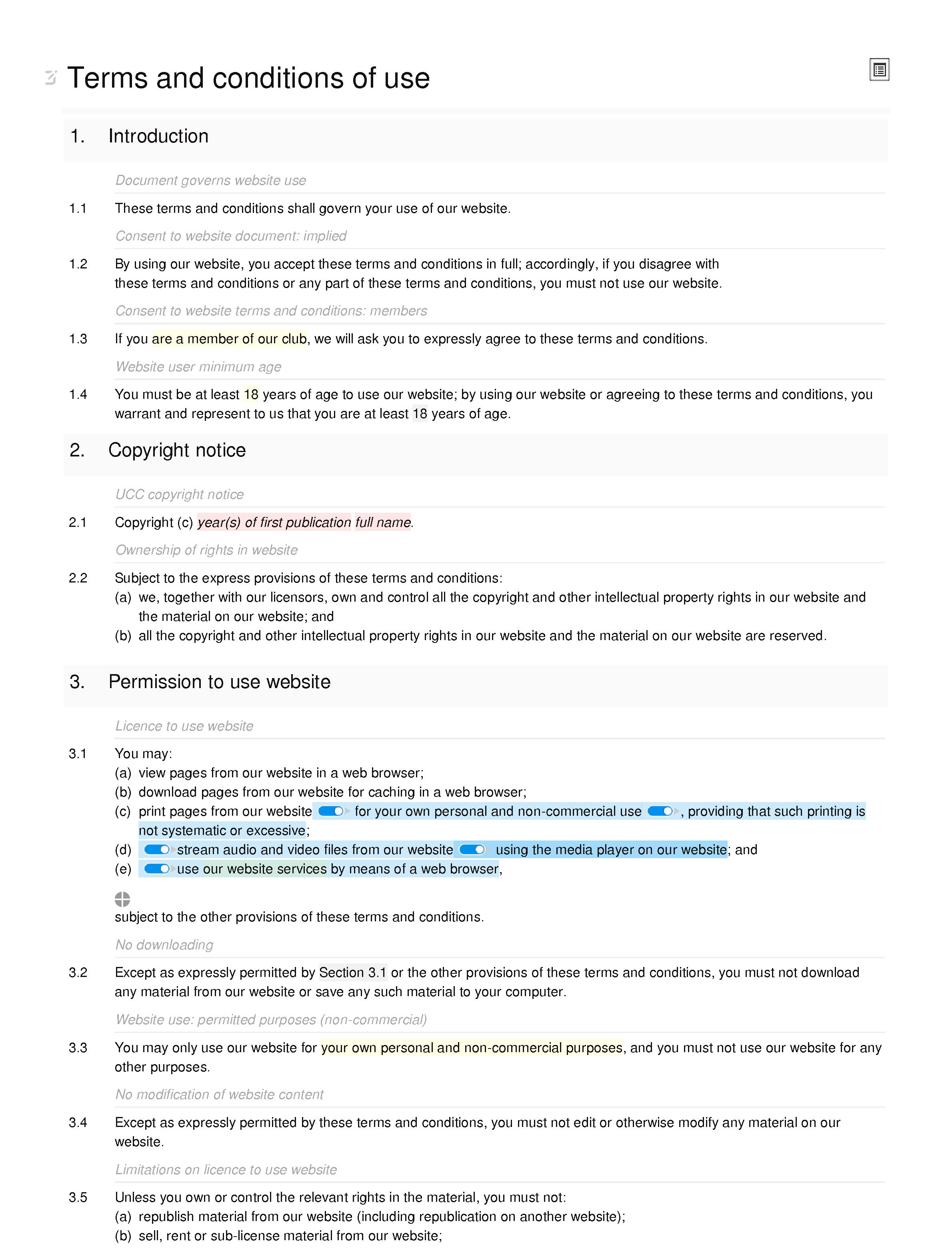 Club website terms and conditions document editor preview