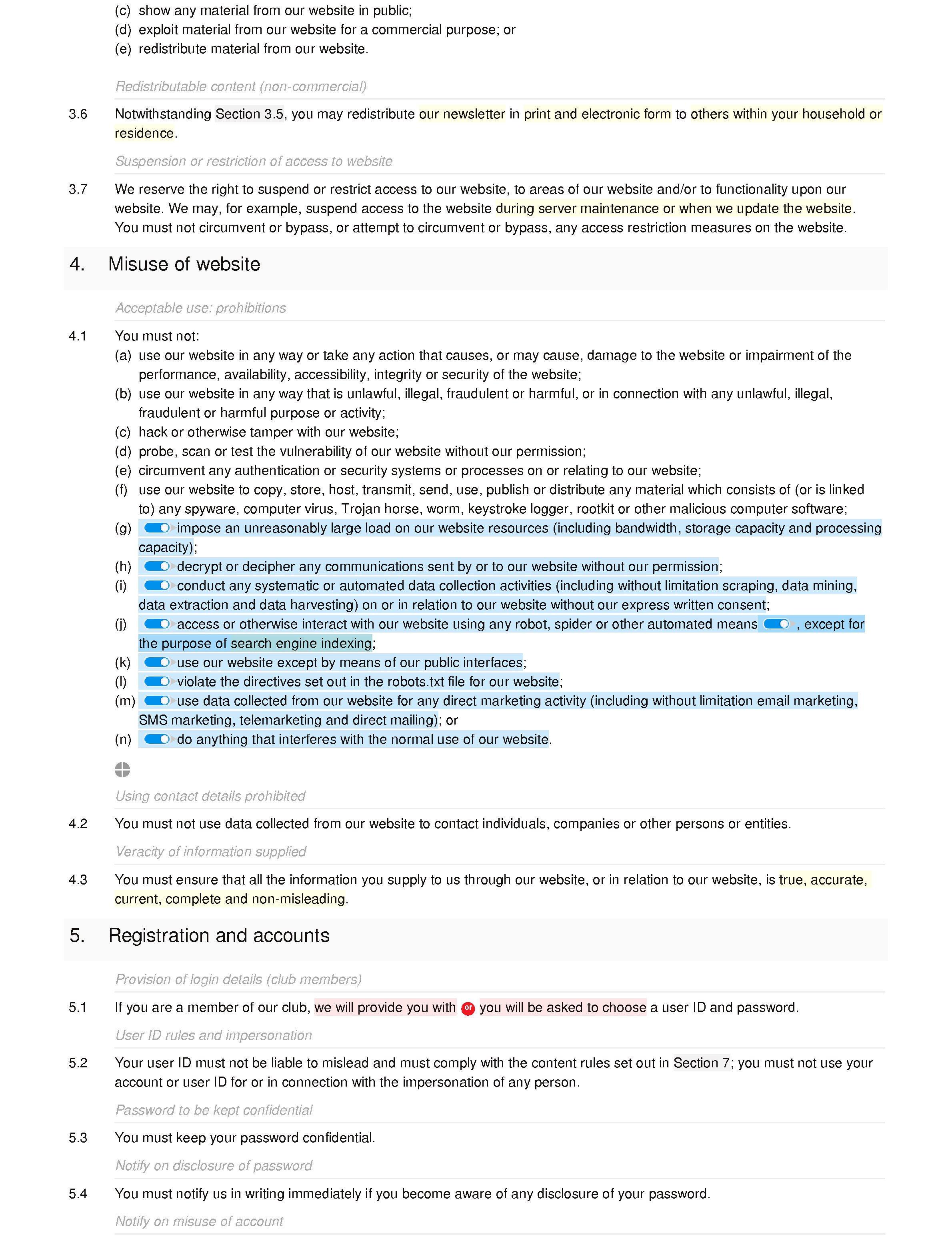 Club website terms and conditions document editor preview