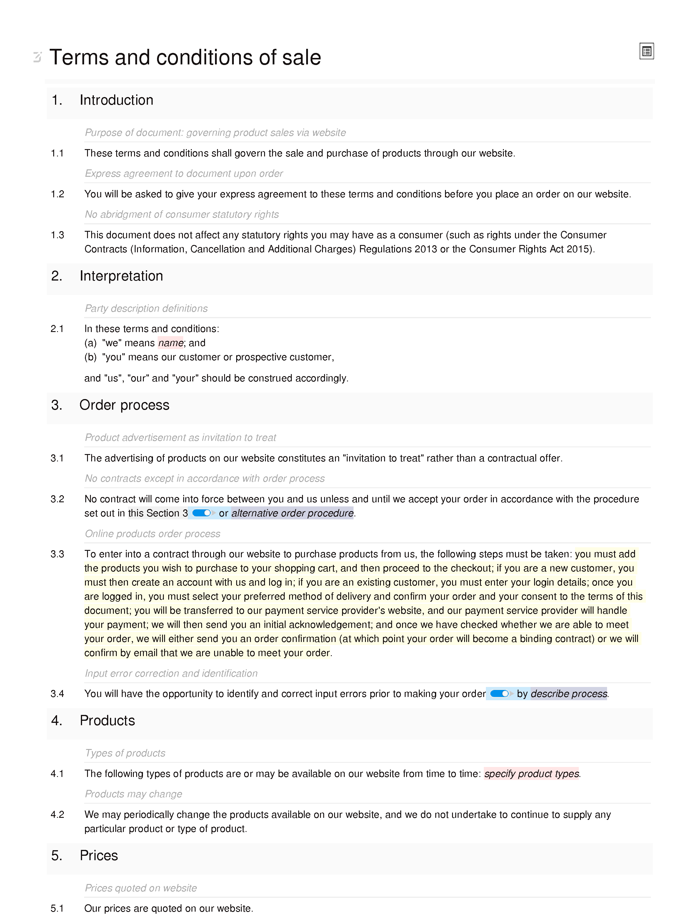 Terms and conditions of sale via website (B2C) document editor preview