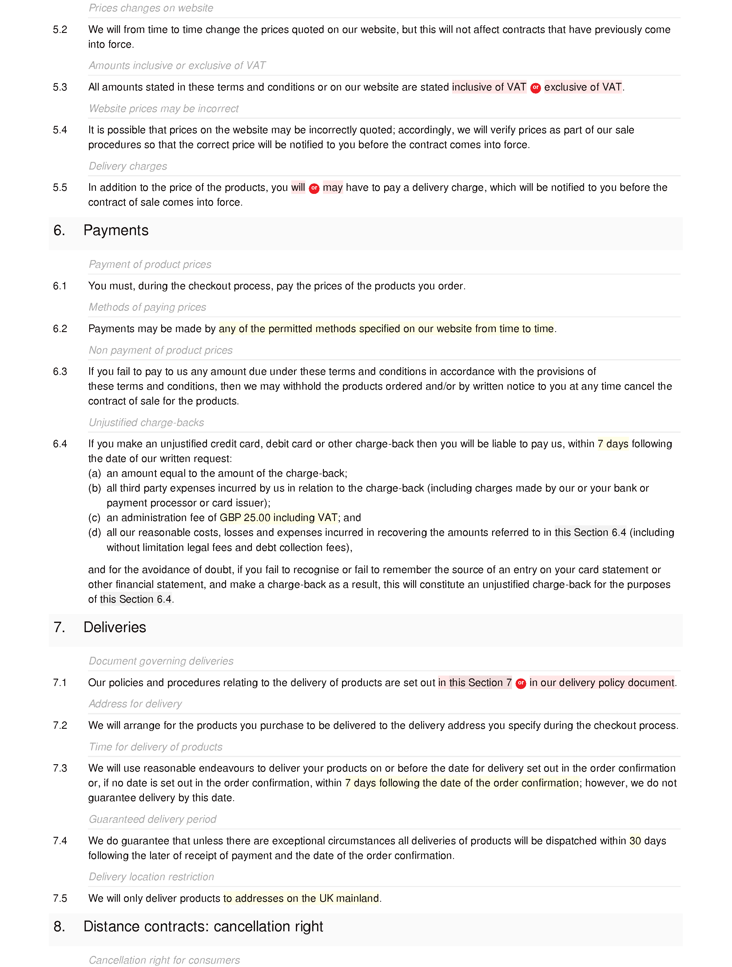 Terms and conditions of sale via website (B2C) document editor preview