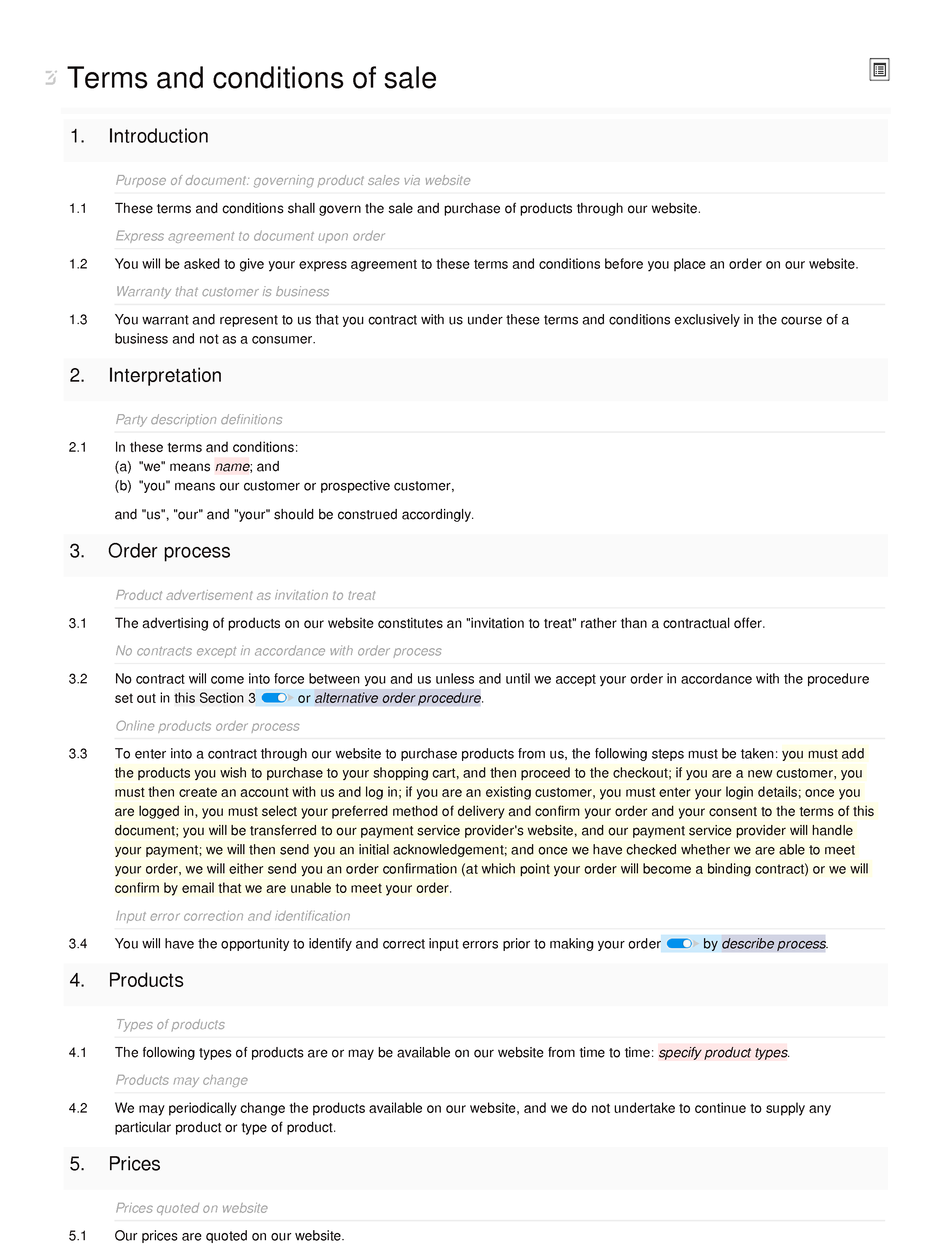 Terms and conditions of sale via website (B2B) document editor preview