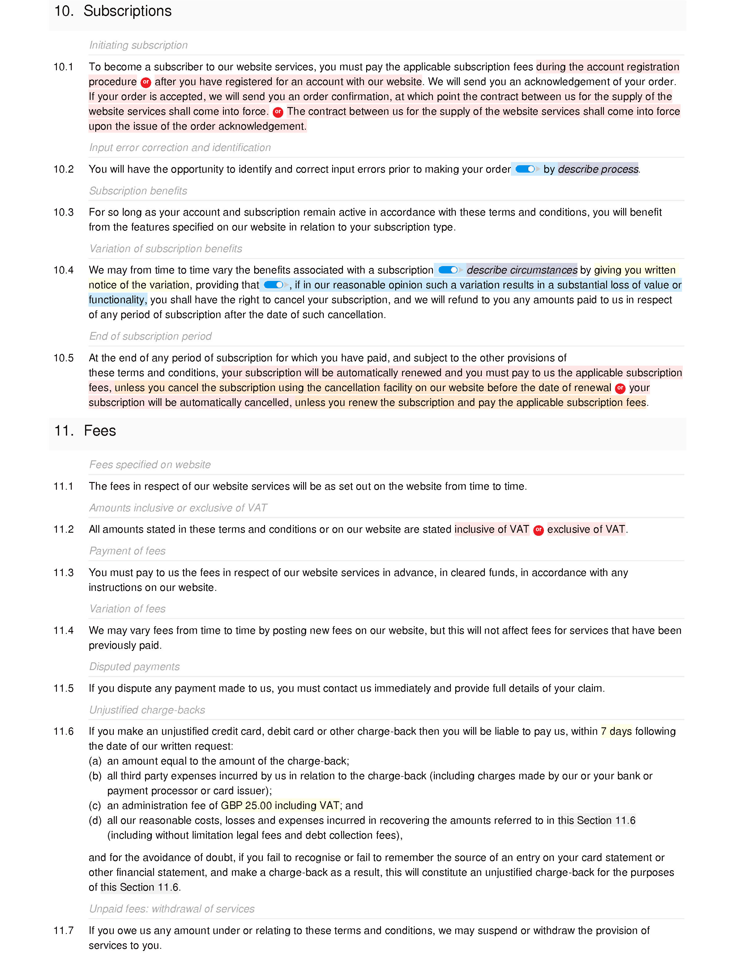 Financial subscription website terms and conditions document editor preview