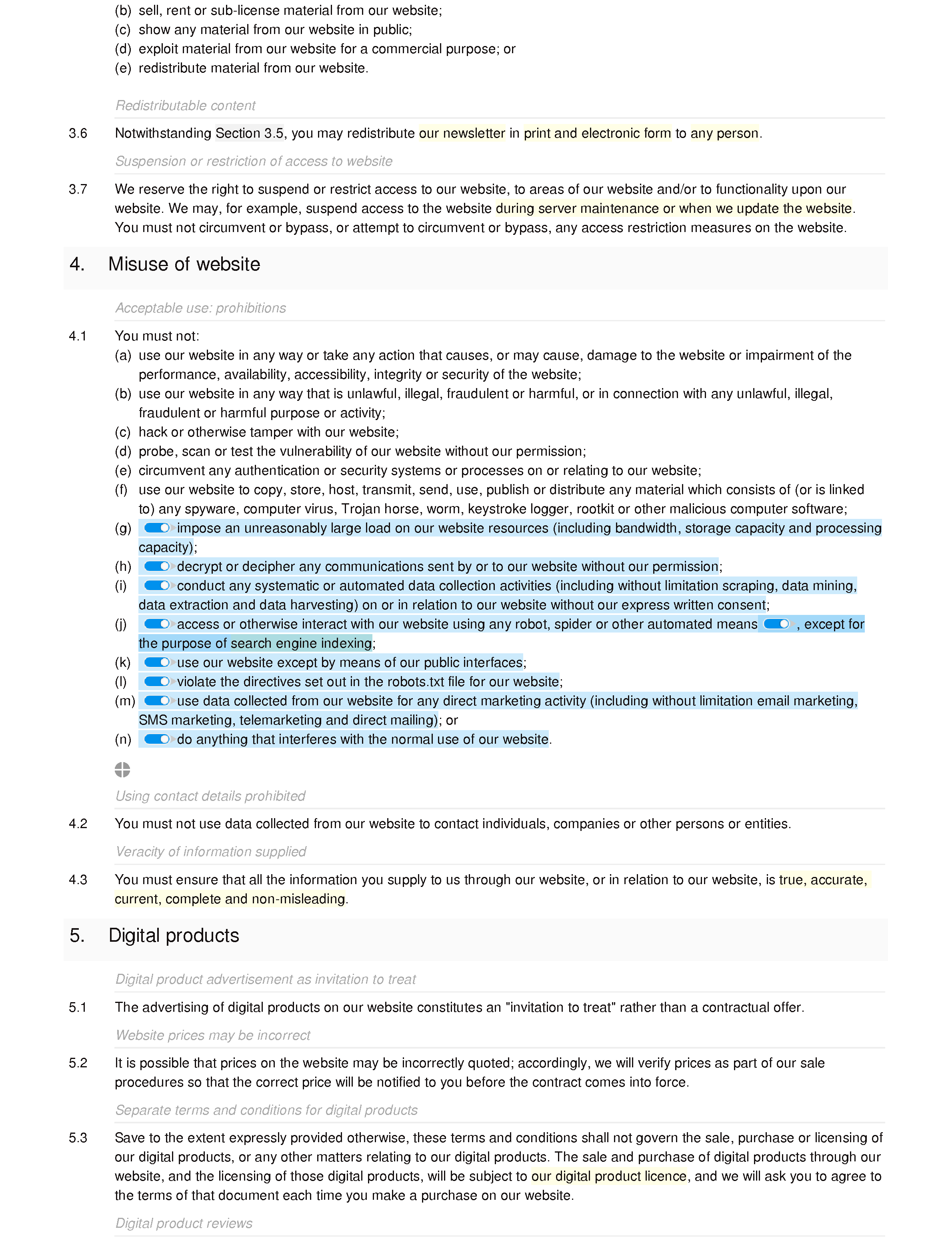 Digital store terms and conditions document editor preview