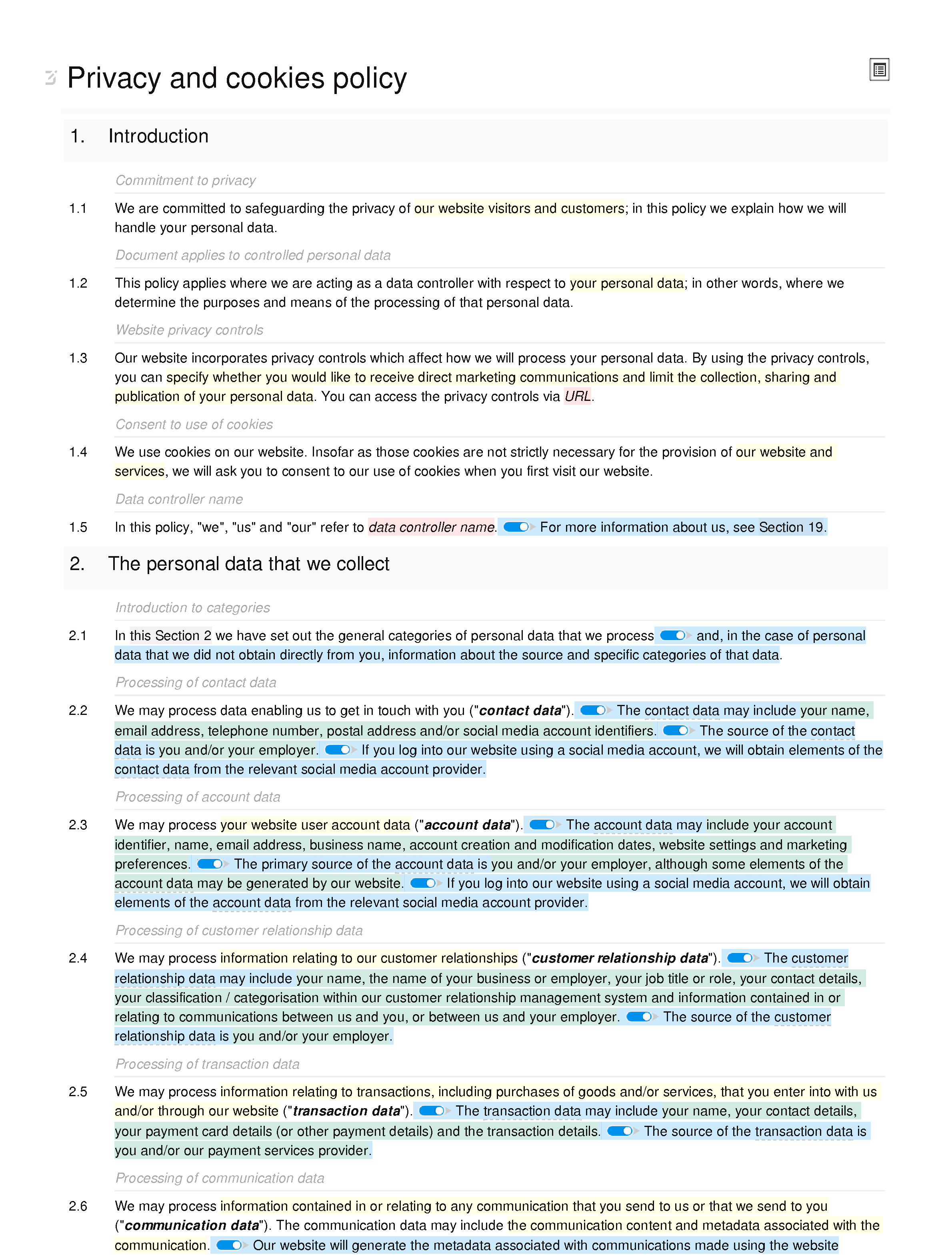 Privacy and cookies policy (online shop) document editor preview