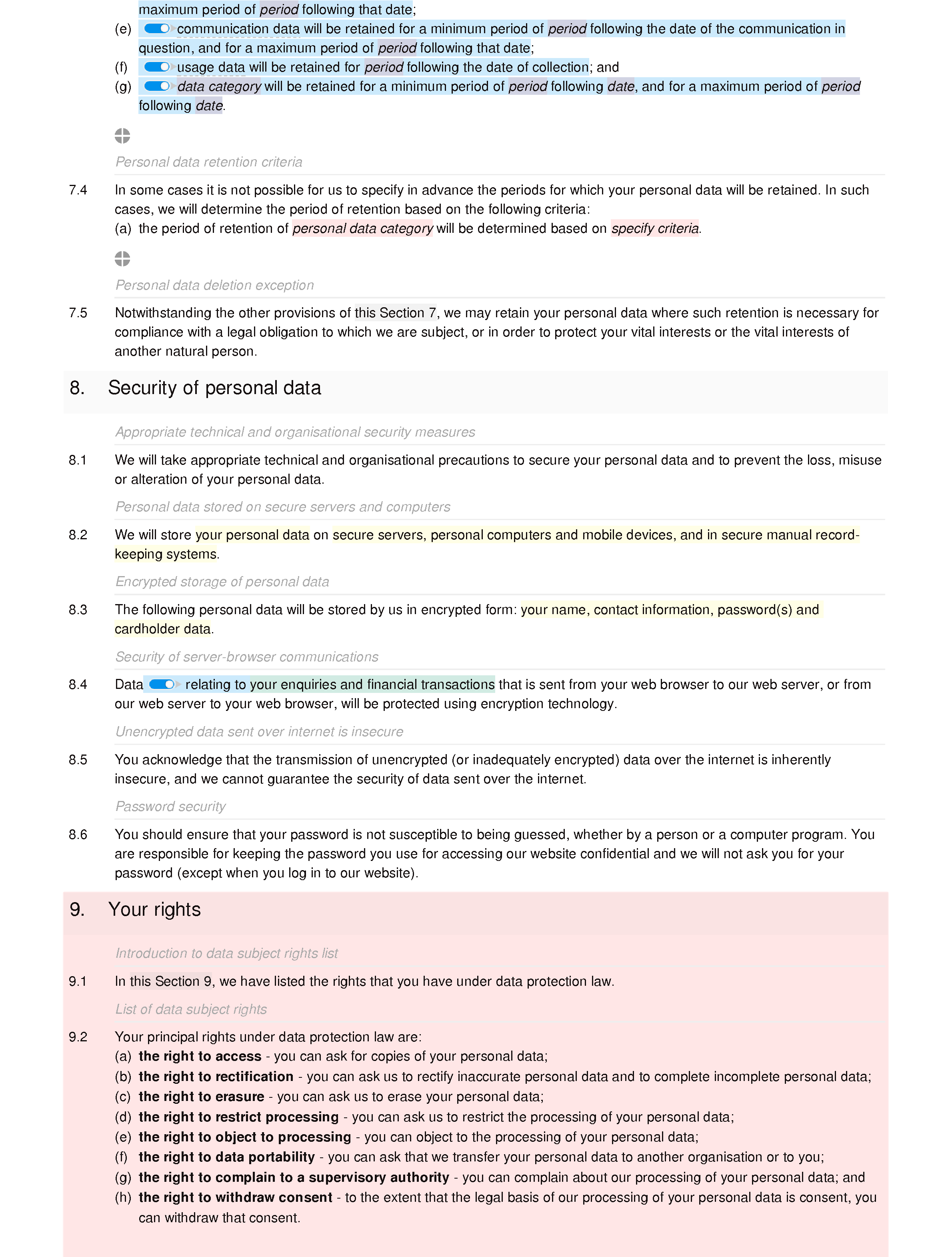 Privacy and cookies policy (online shop) document editor preview