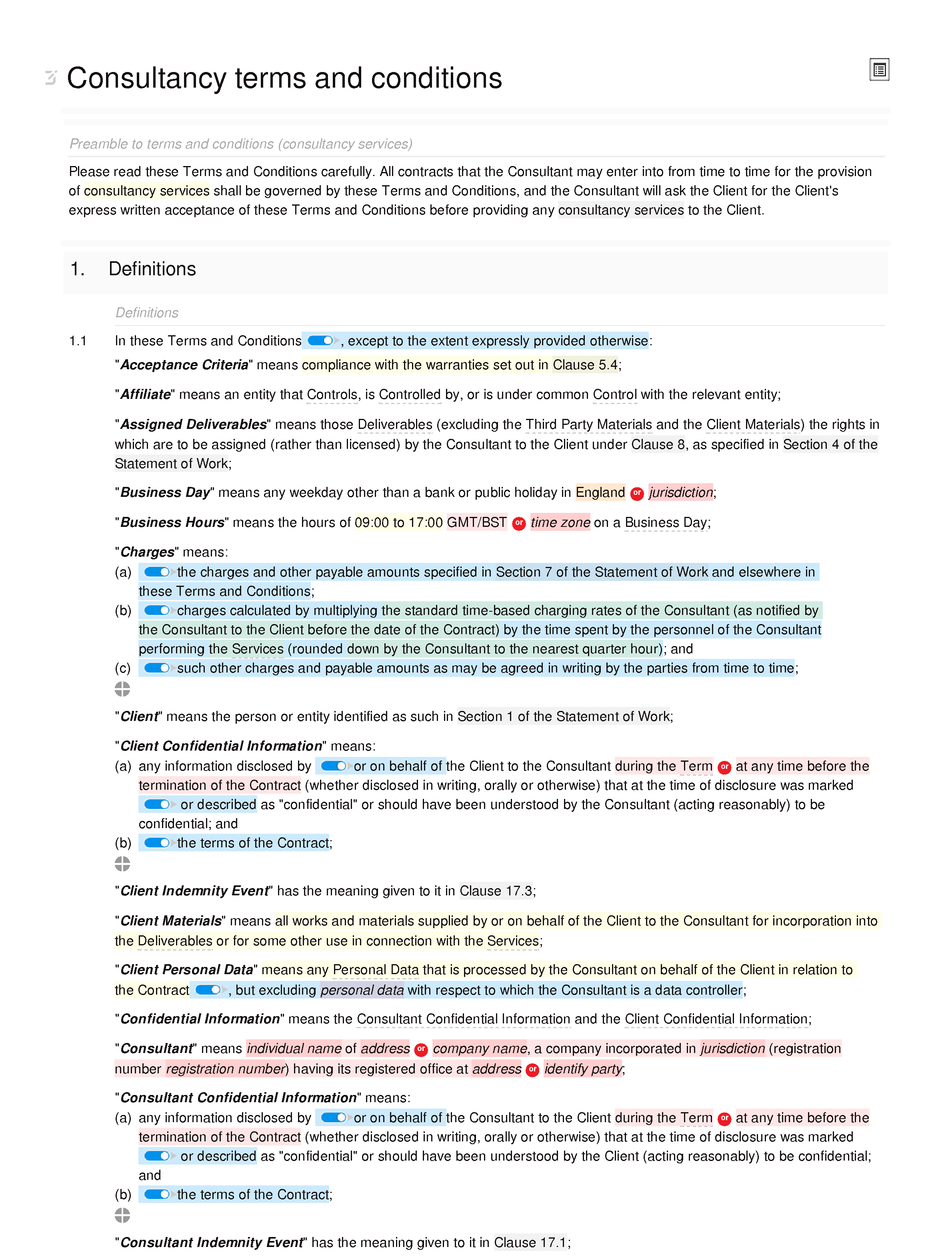 Consultancy terms and conditions (premium) document editor preview