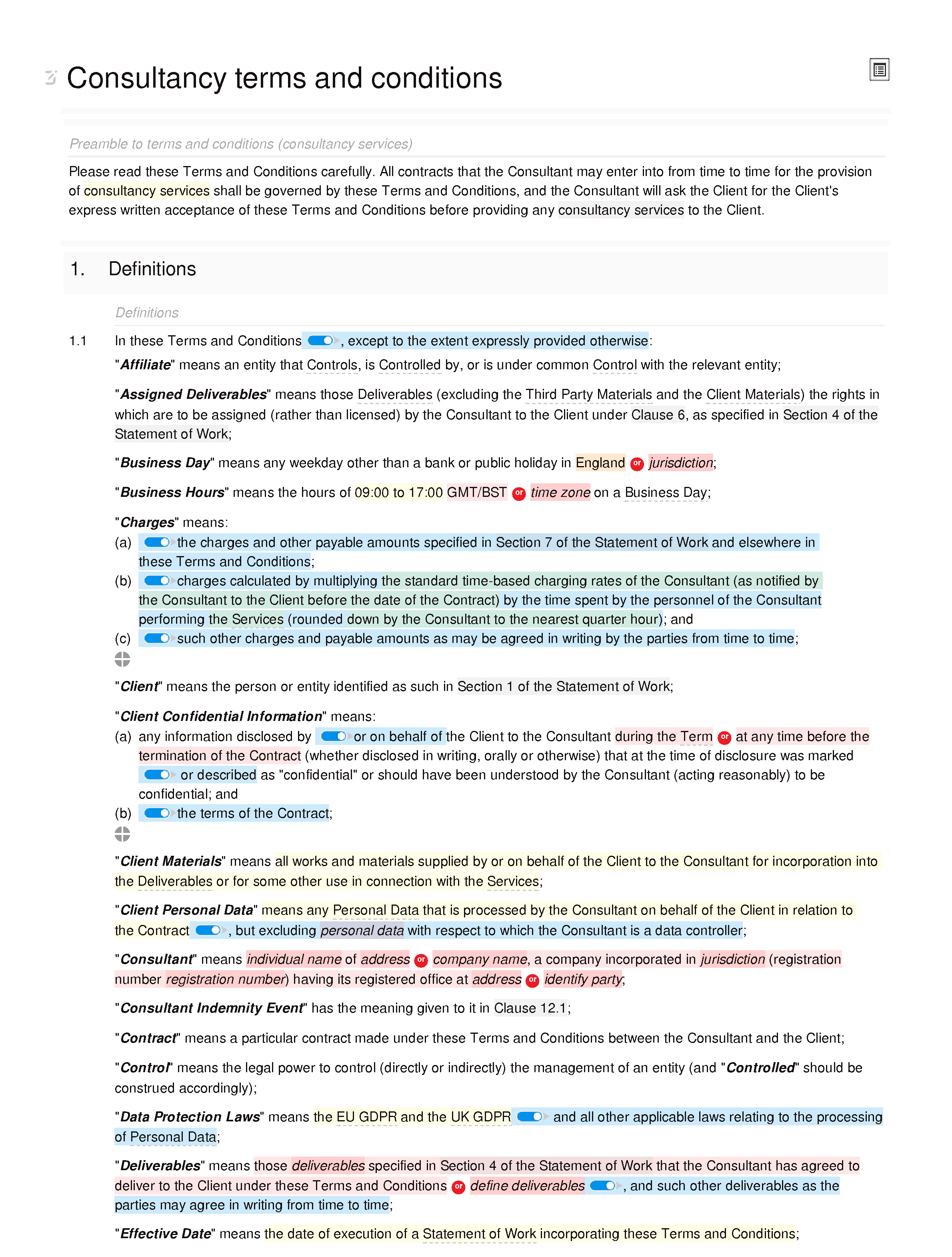 Consultancy terms and conditions (standard) document editor preview