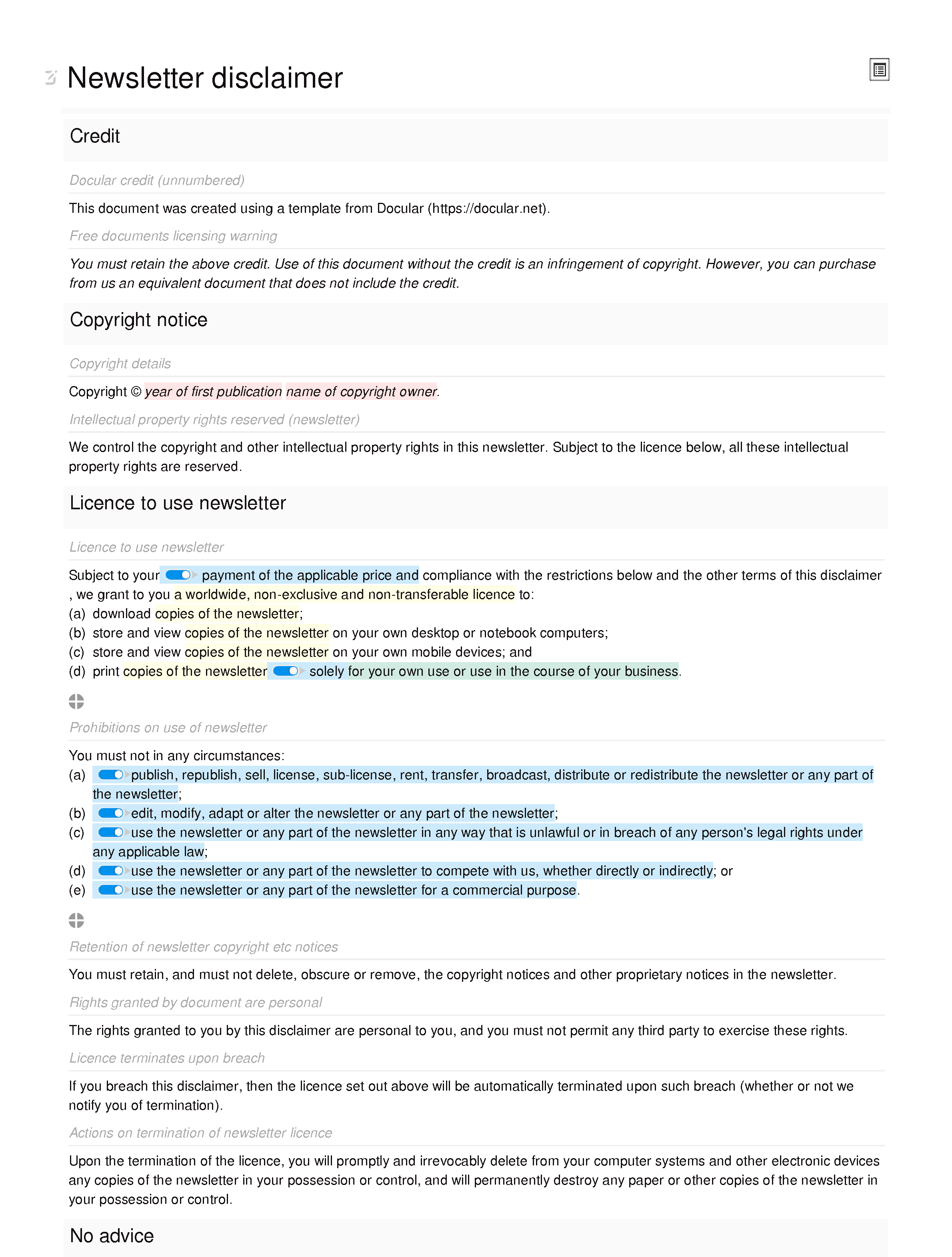 Free newsletter disclaimer document editor preview