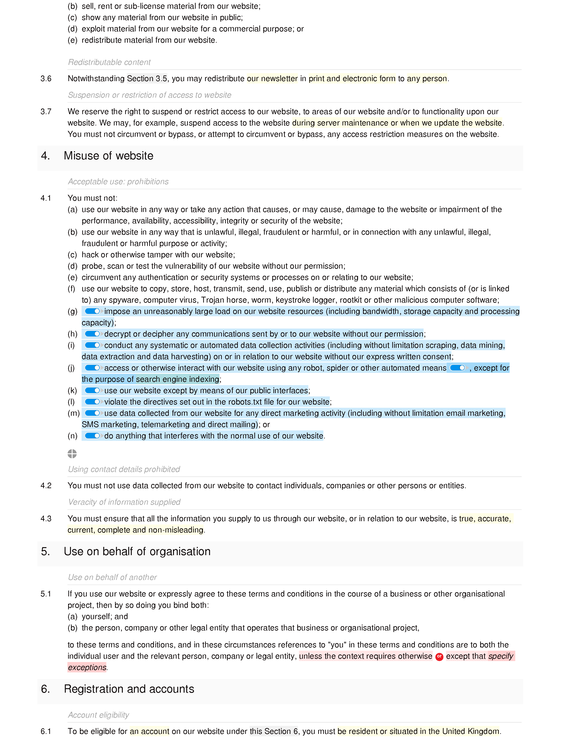 Subscription website terms and conditions (B2B) document editor preview