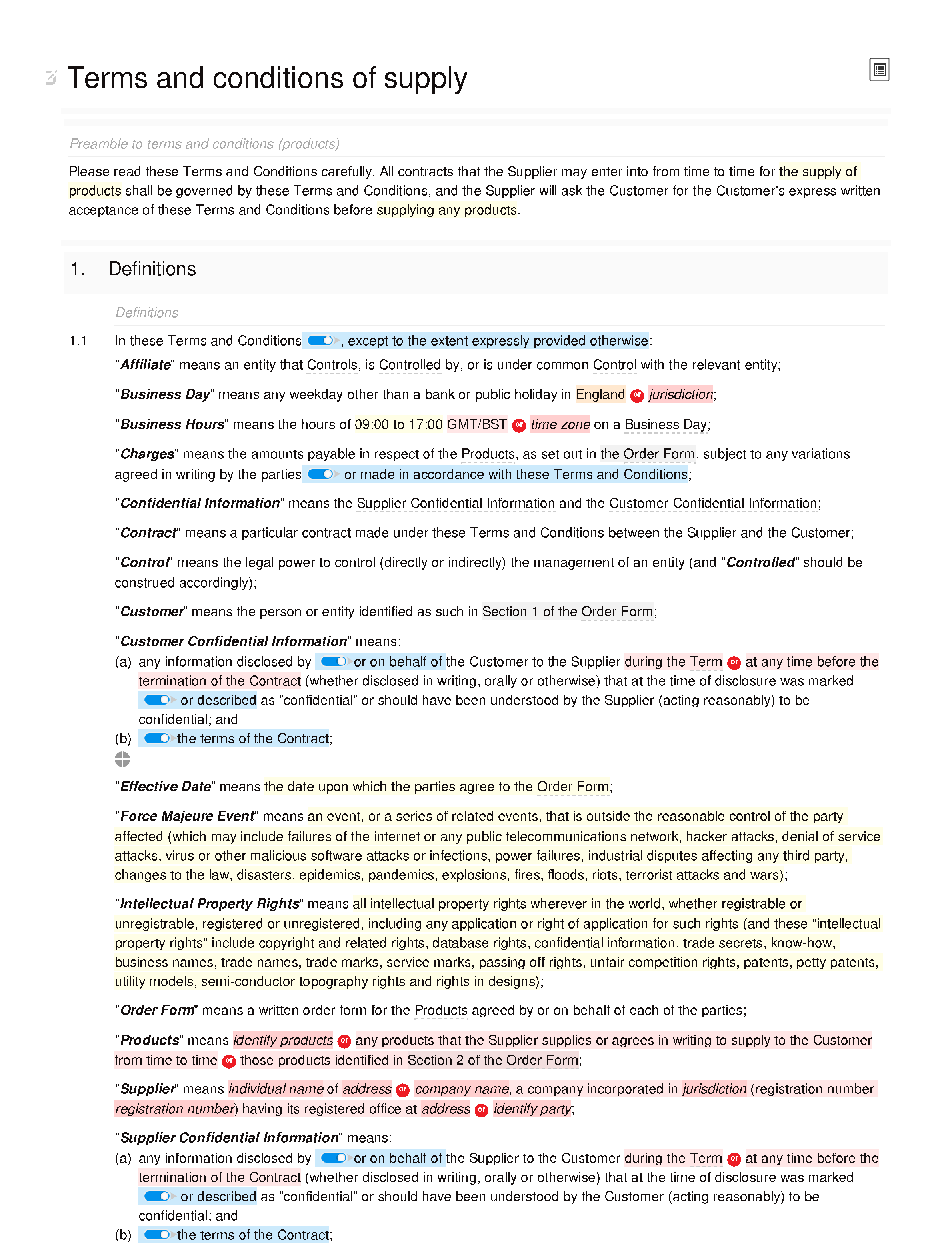 Terms and conditions of supply (premium) document editor preview