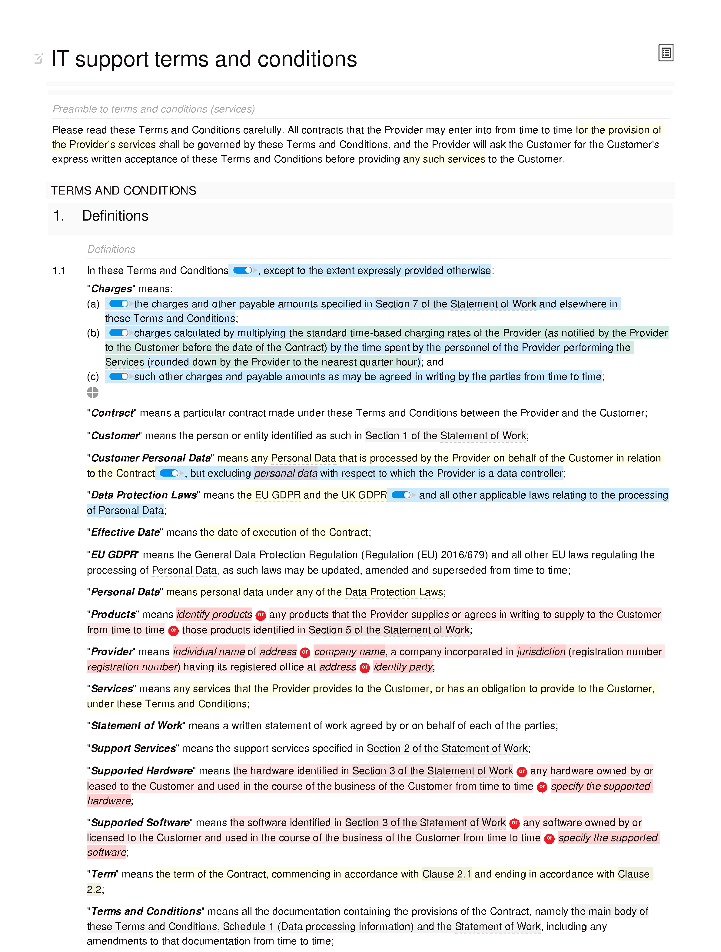 IT support terms and conditions (basic) document editor preview