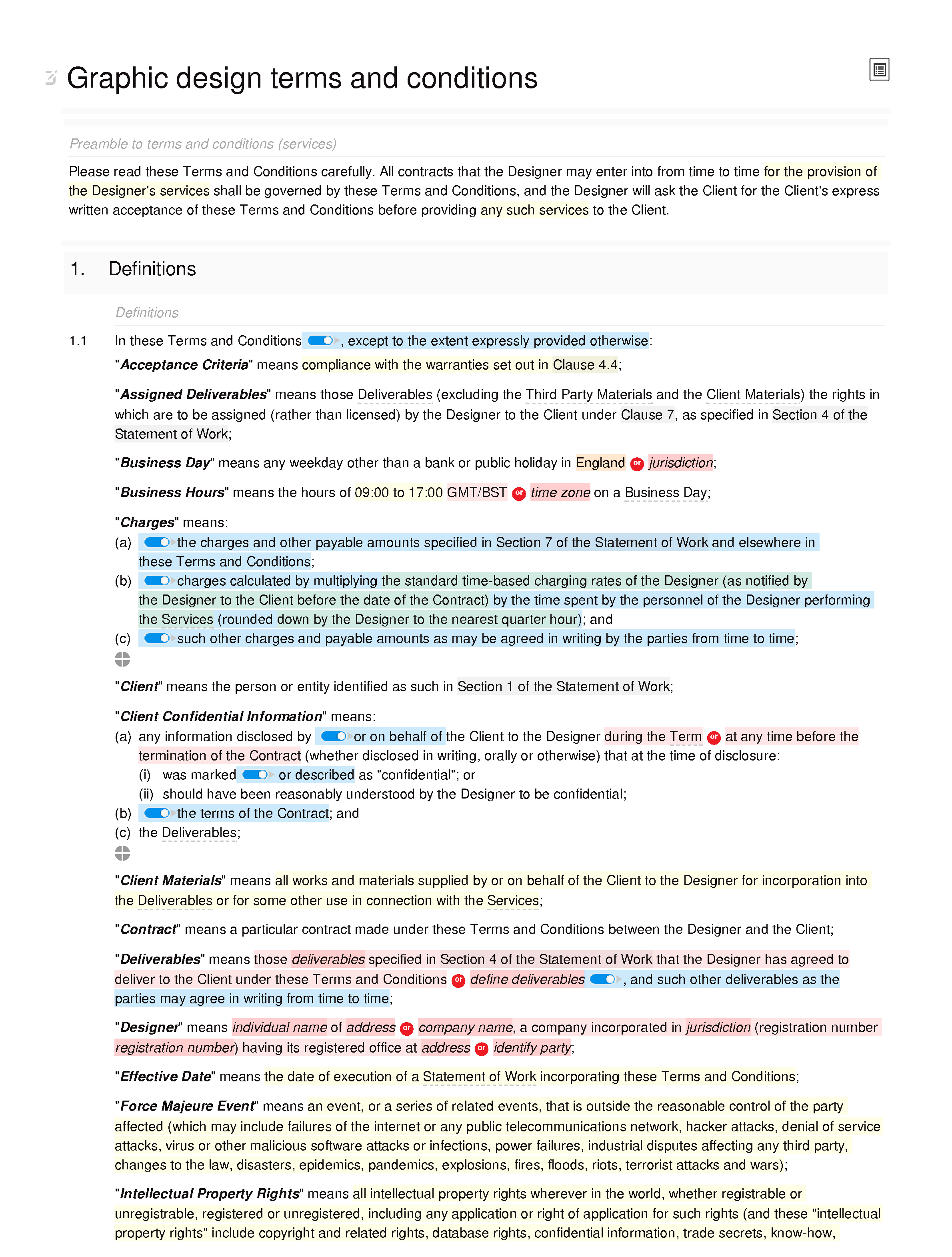 Graphic design terms and conditions document editor preview