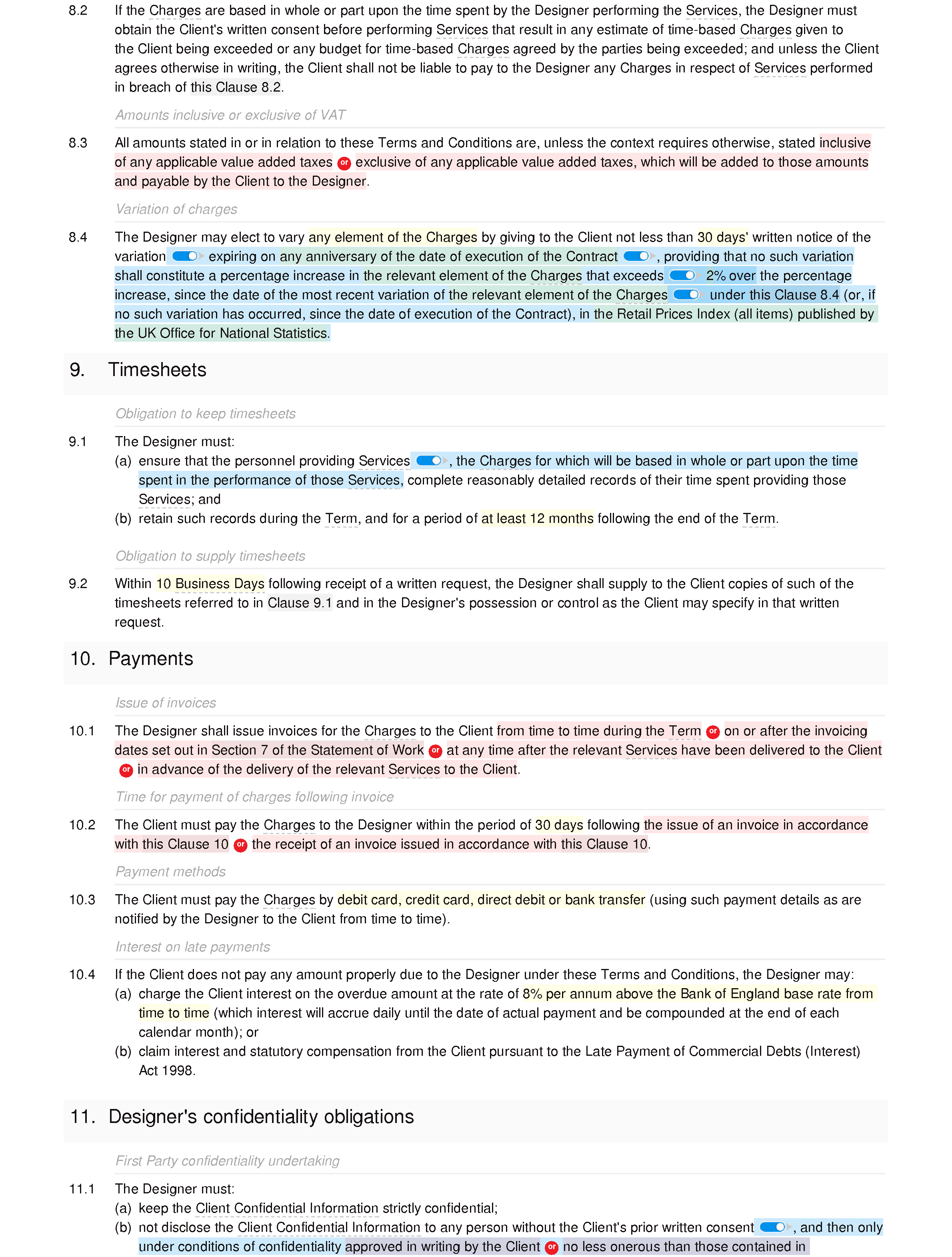 Graphic design terms and conditions document editor preview