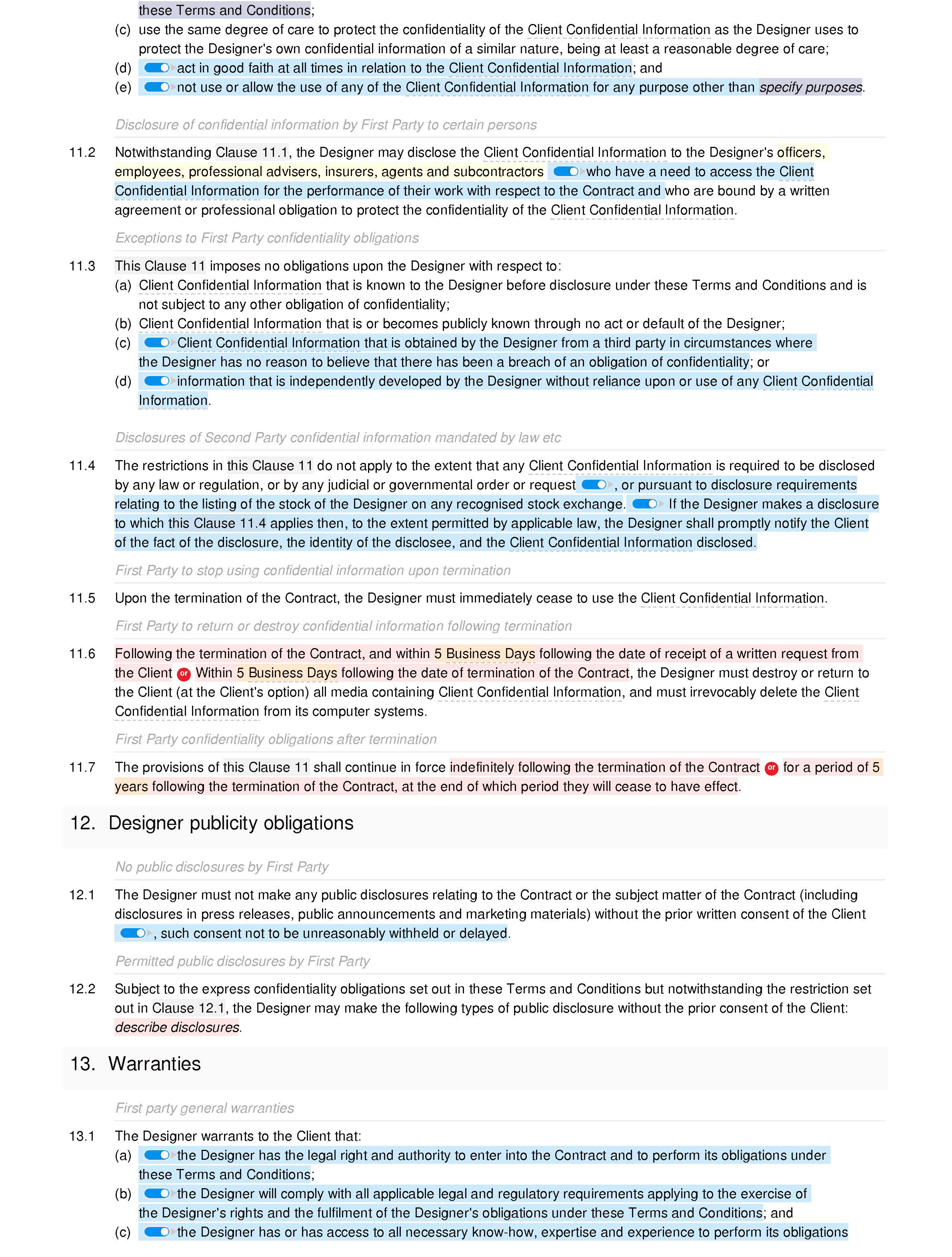 Graphic design terms and conditions document editor preview