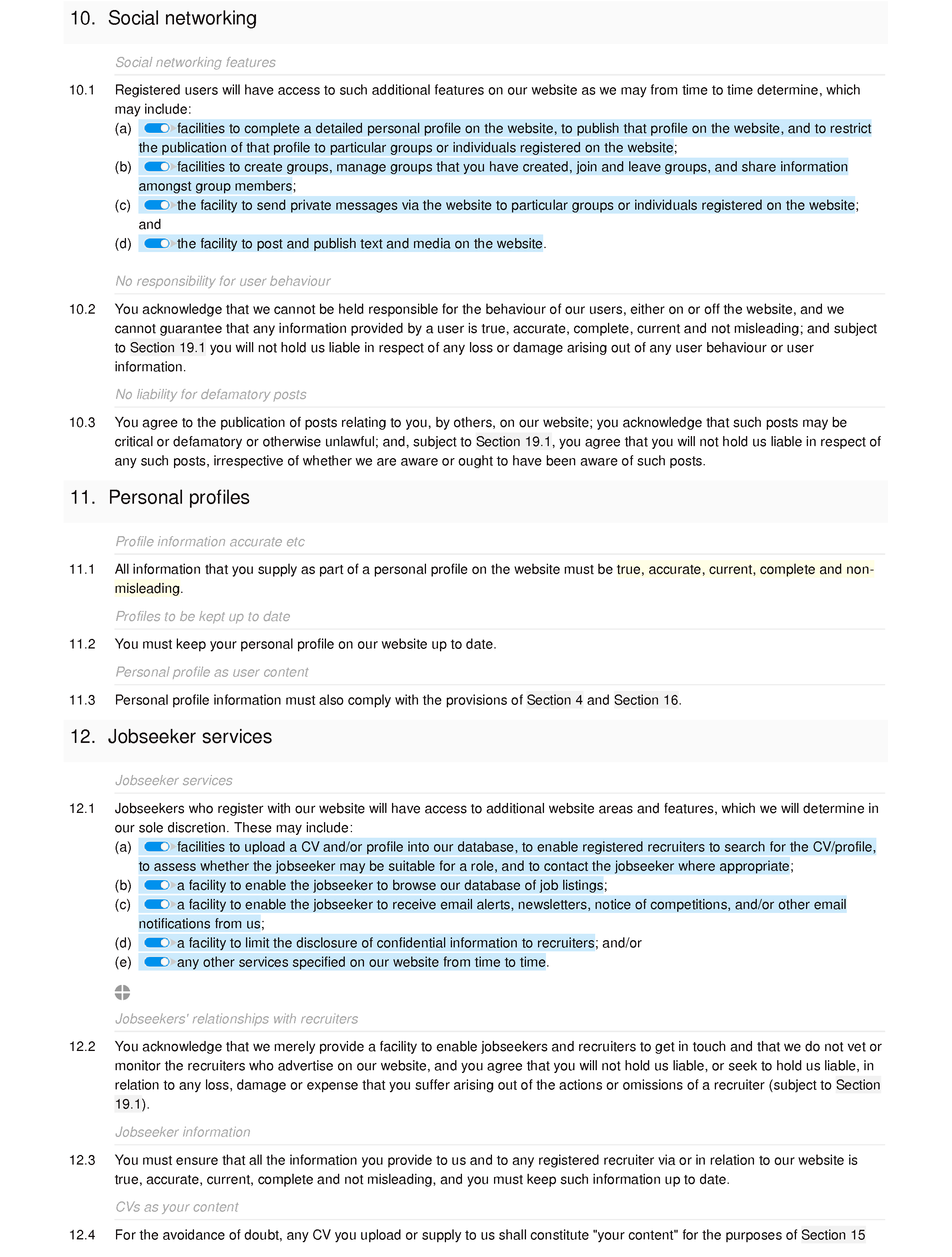 Social recruitment website terms and conditions document editor preview