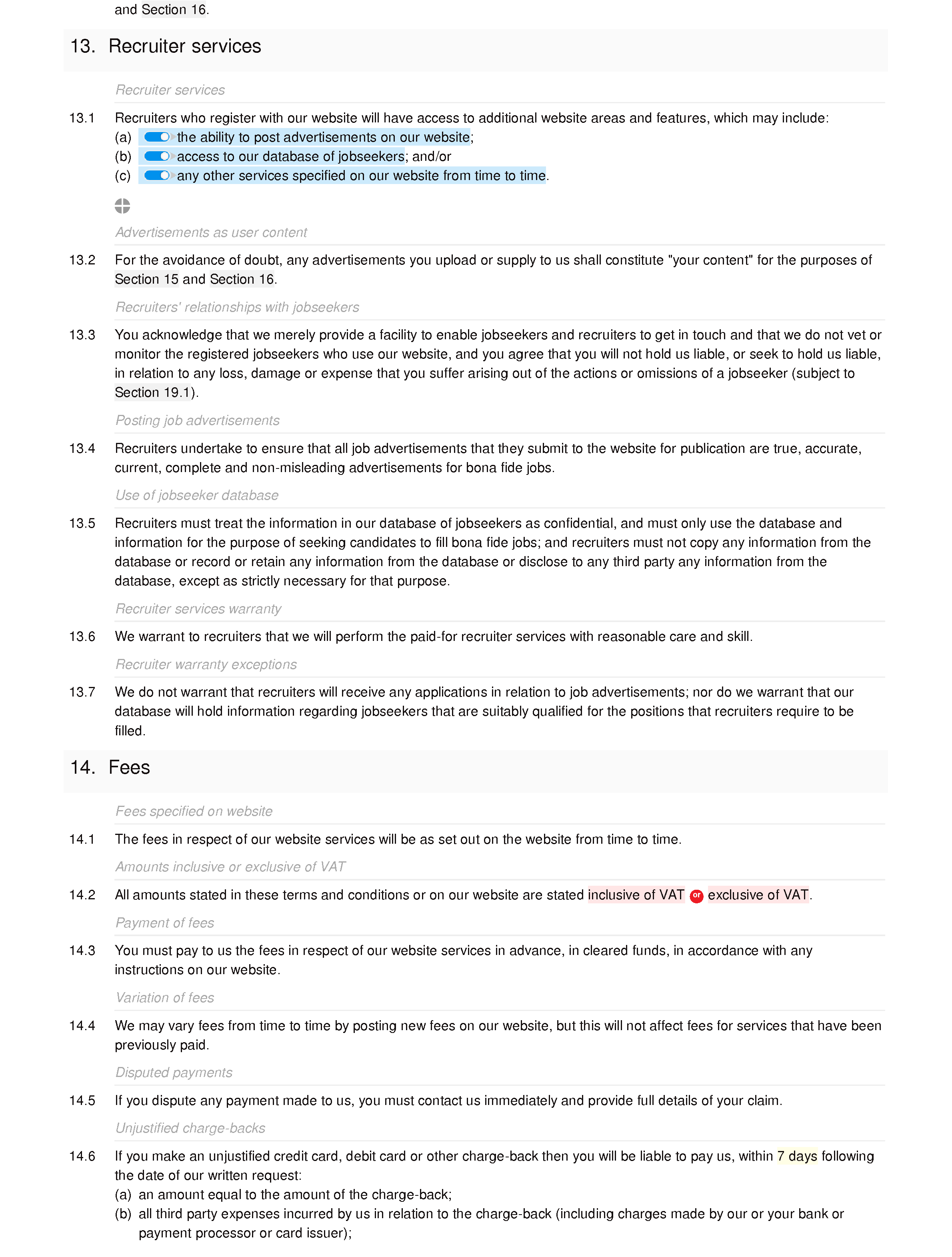 Social recruitment website terms and conditions document editor preview