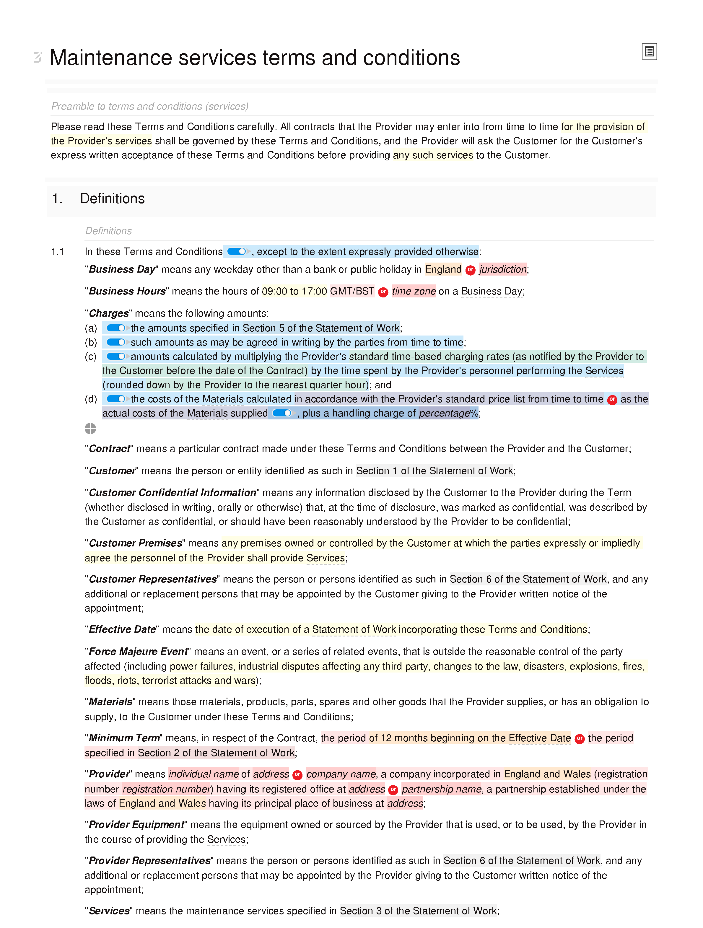 Maintenance services terms and conditions document editor preview