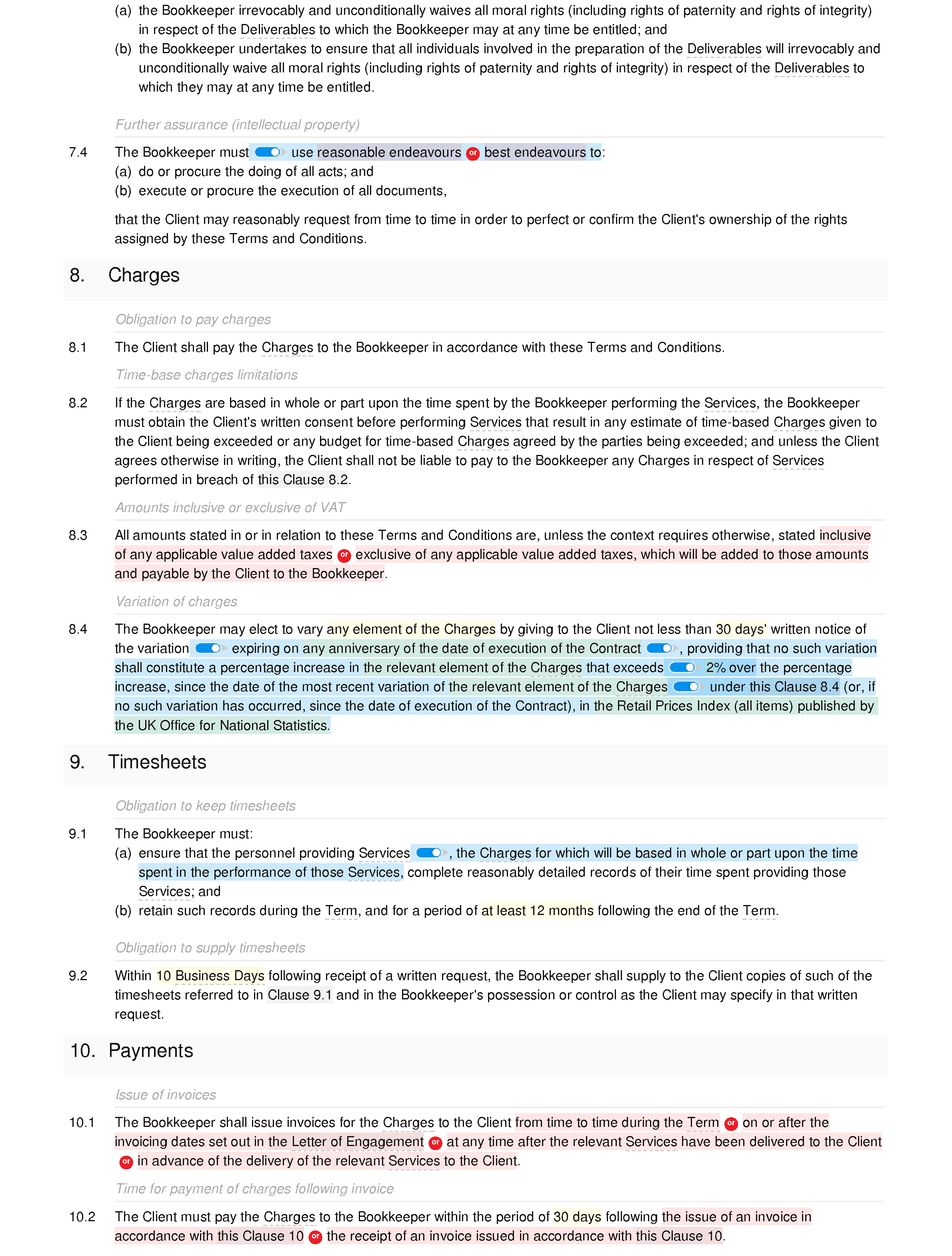 Bookkeeping terms and conditions document editor preview