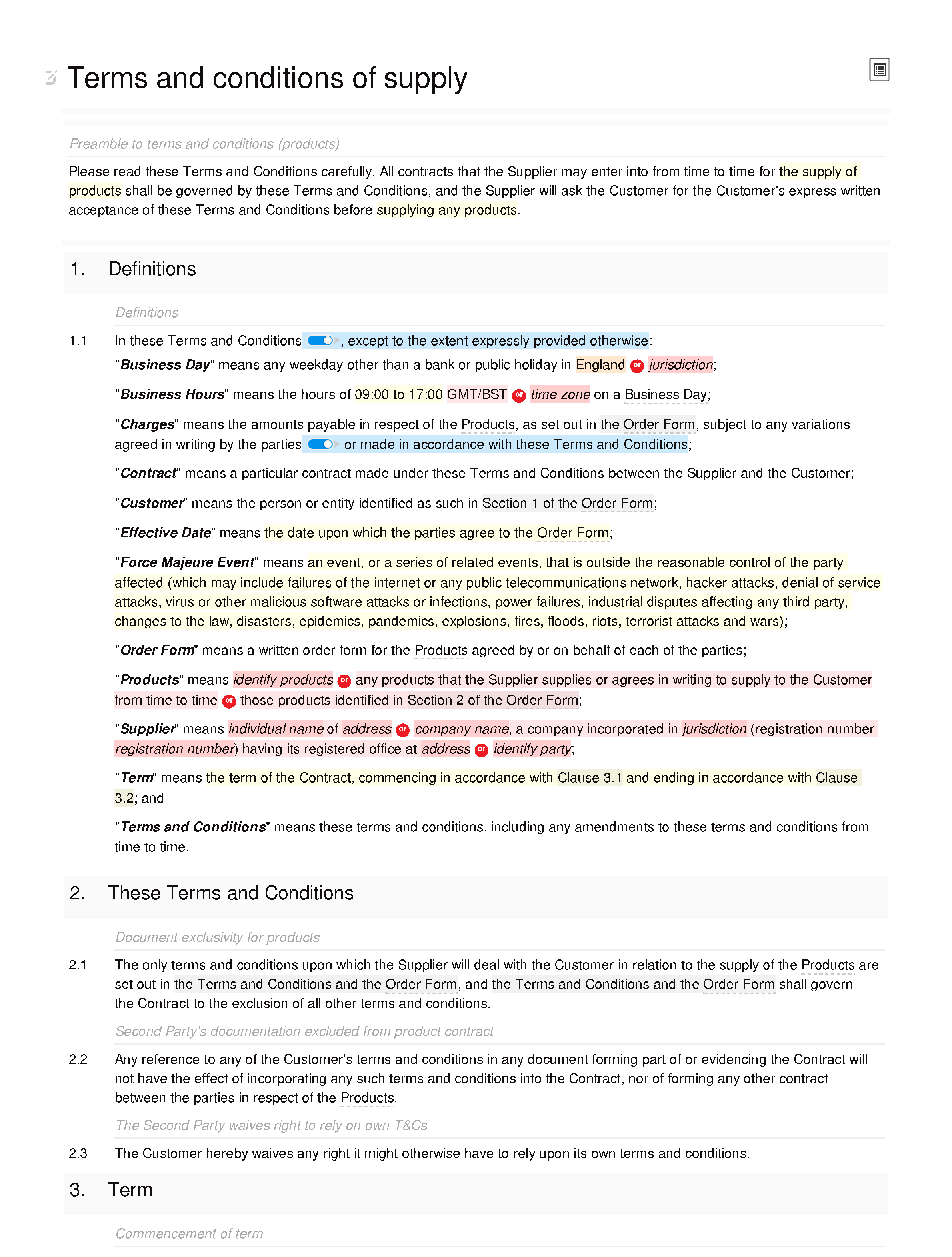 Terms and conditions of supply (standard) document editor preview