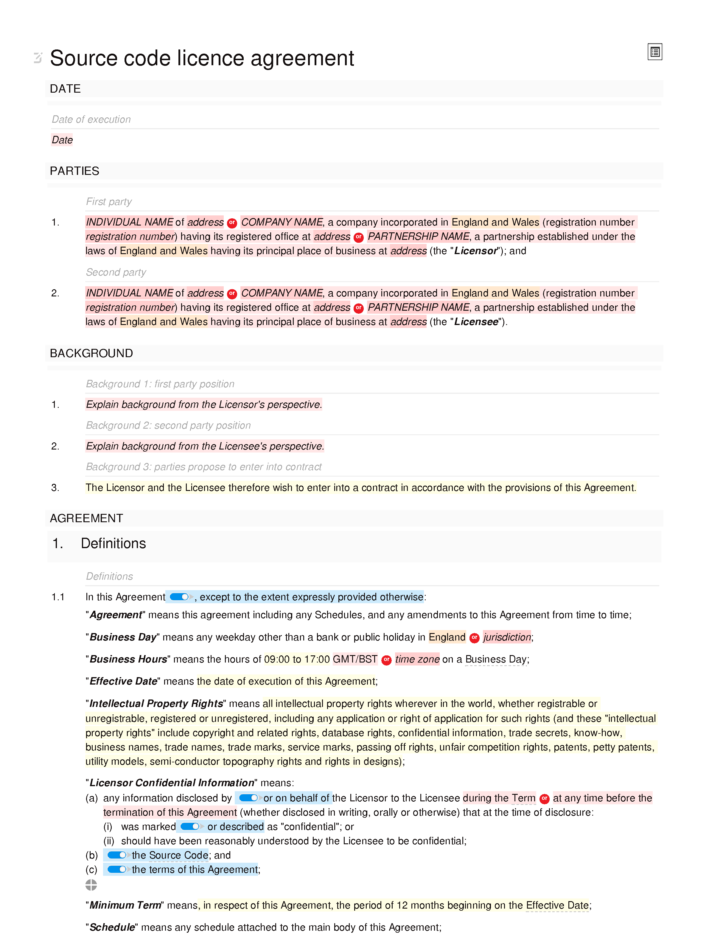 Source code licence agreement document editor preview