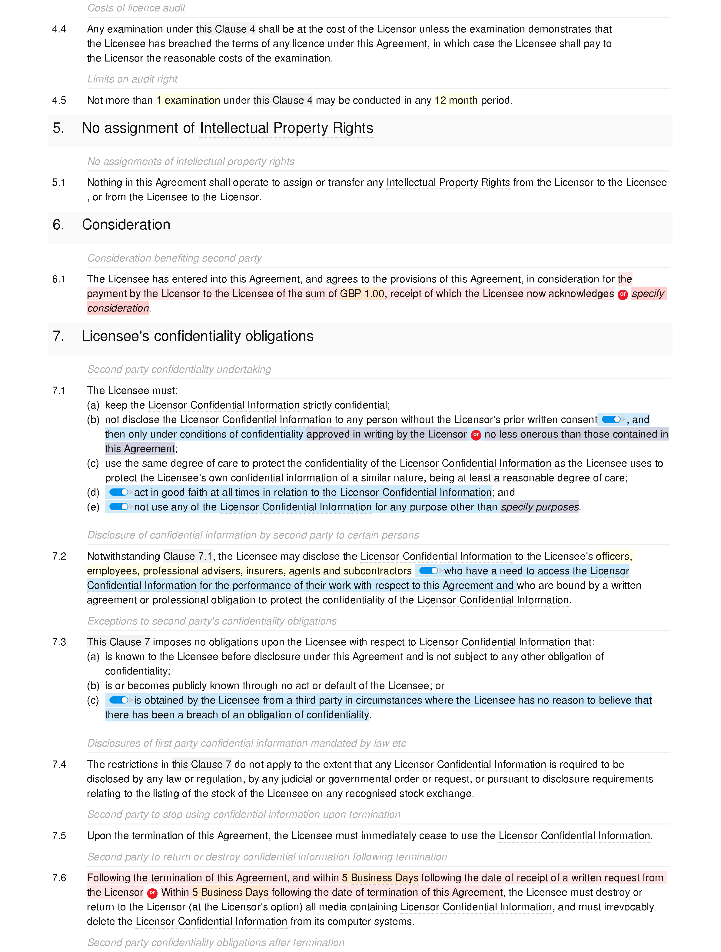 Source code licence agreement document editor preview