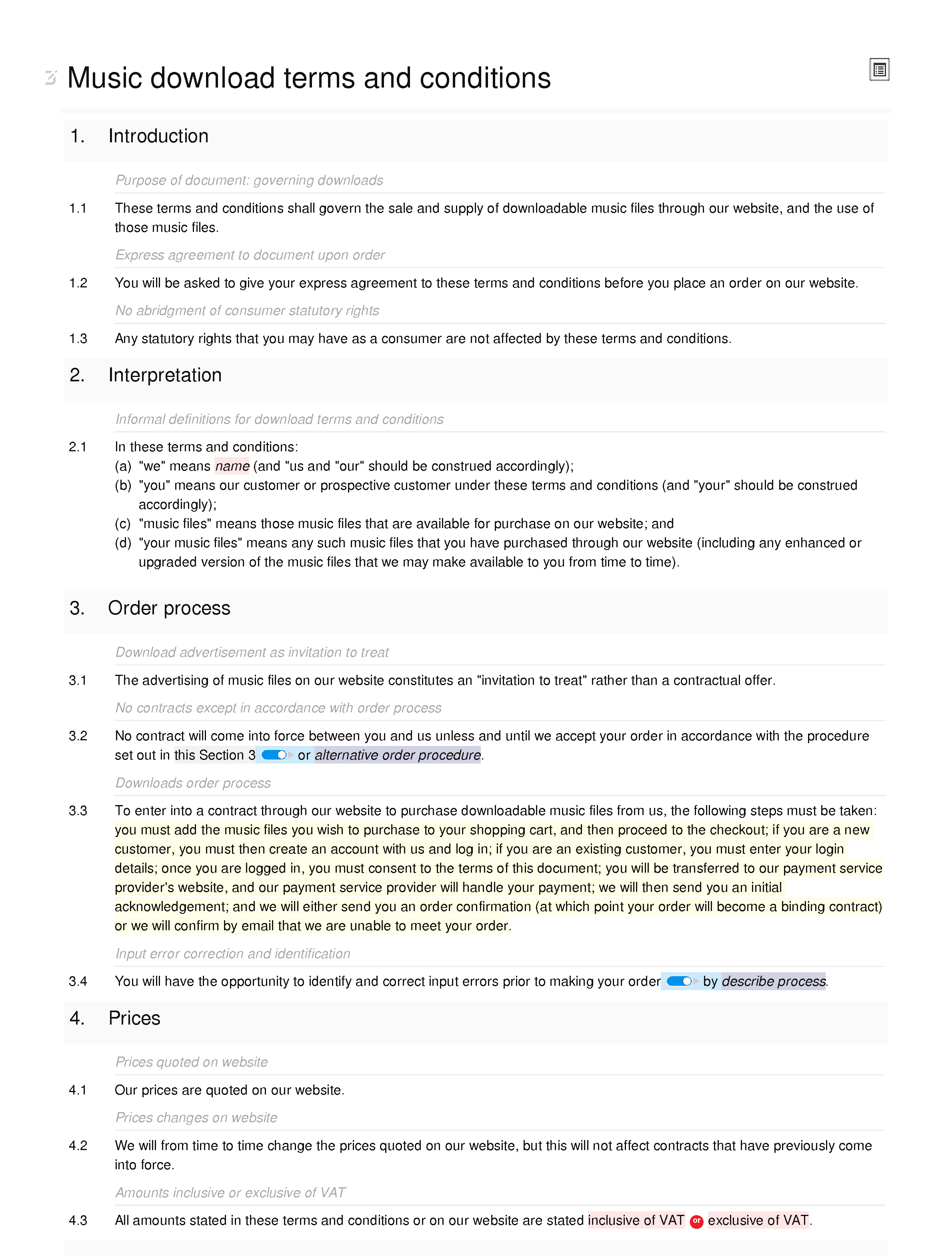 Music download terms and conditions document editor preview