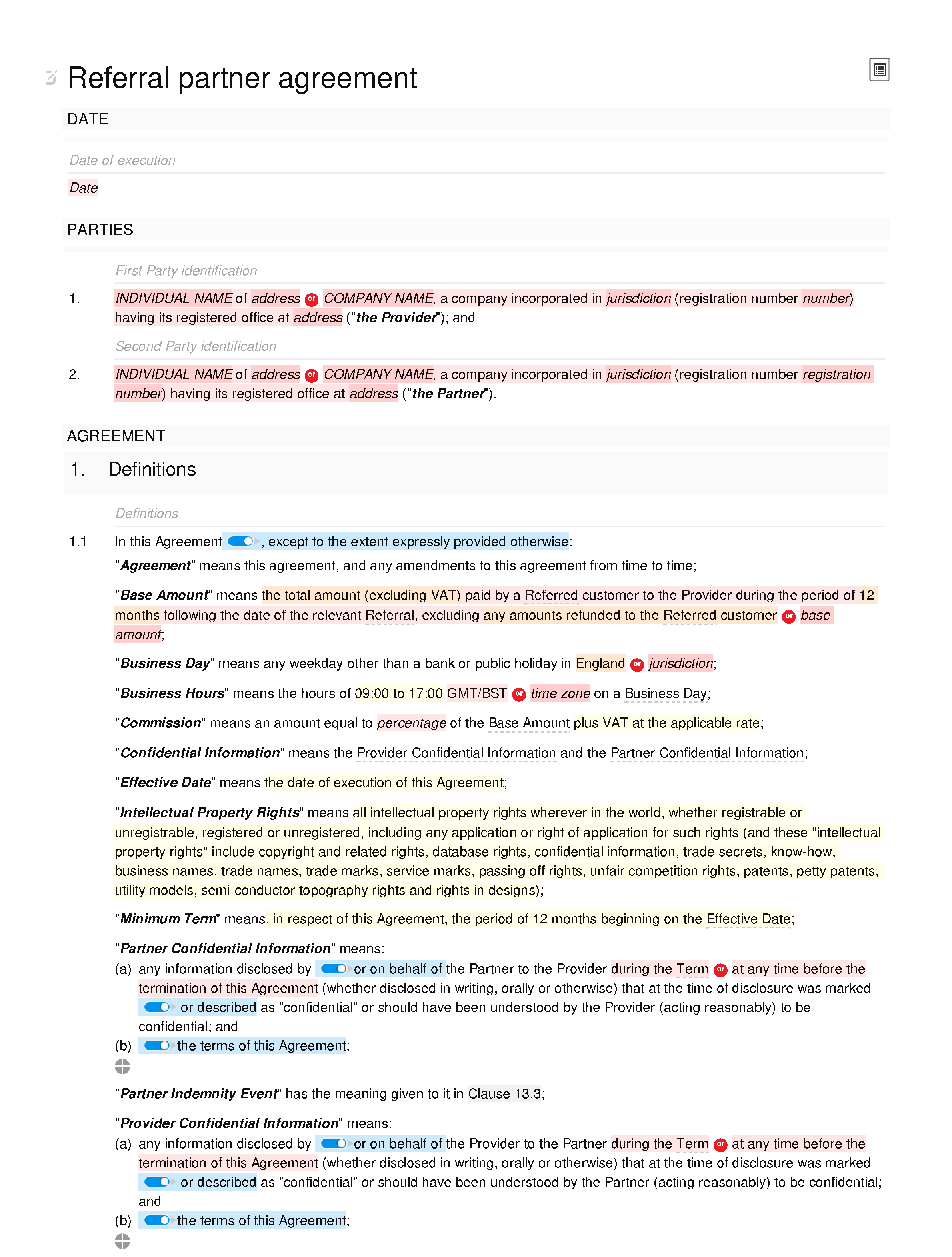 Referral partner agreement document editor preview