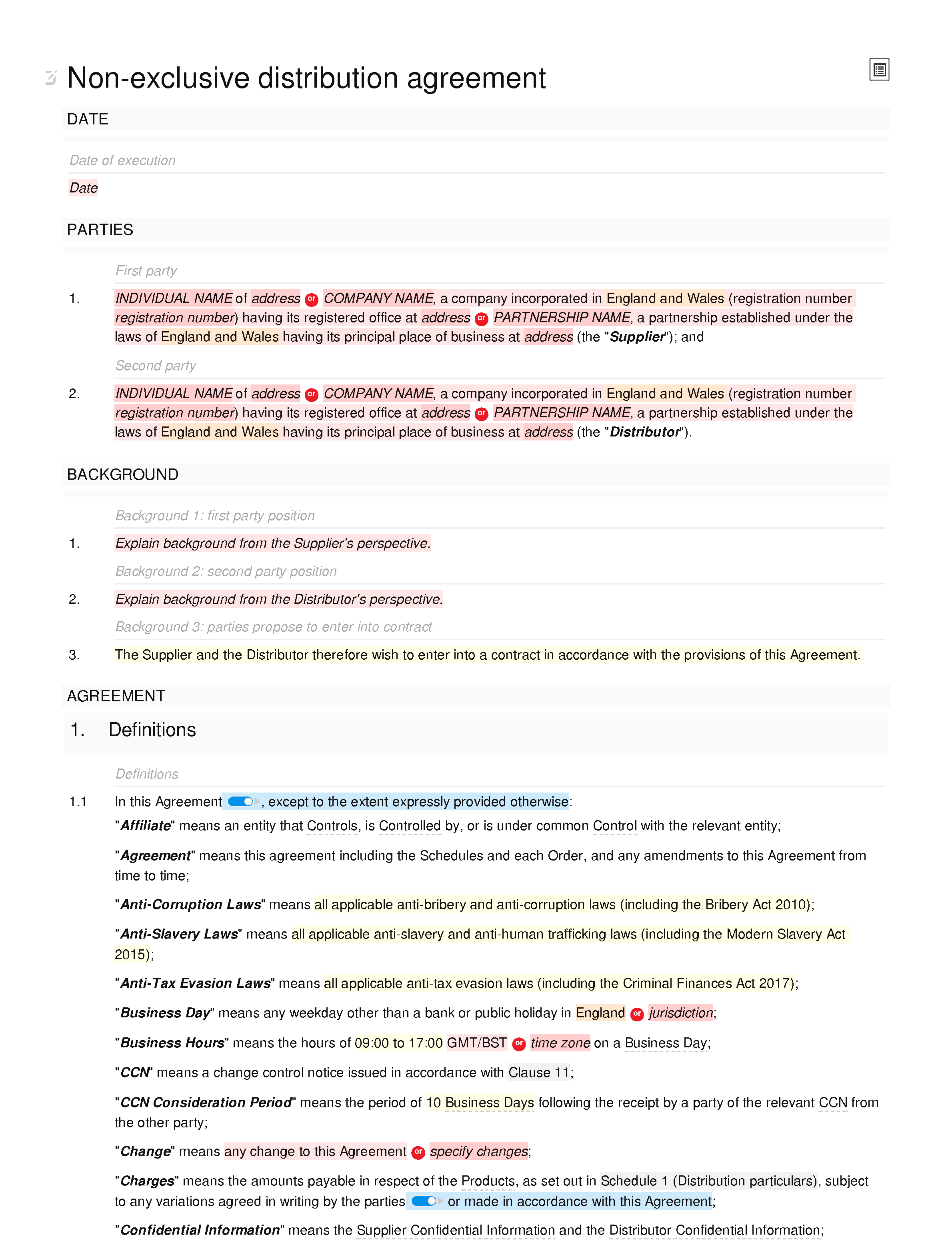 Non-exclusive distribution agreement (premium) document editor preview