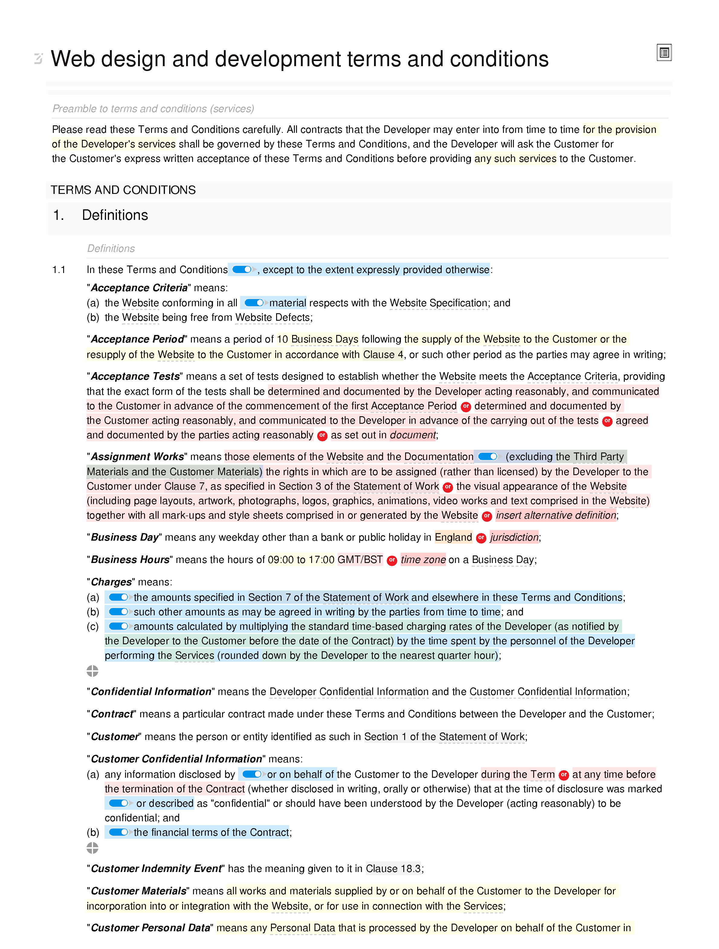 Web design and development terms and conditions (standard) document editor preview