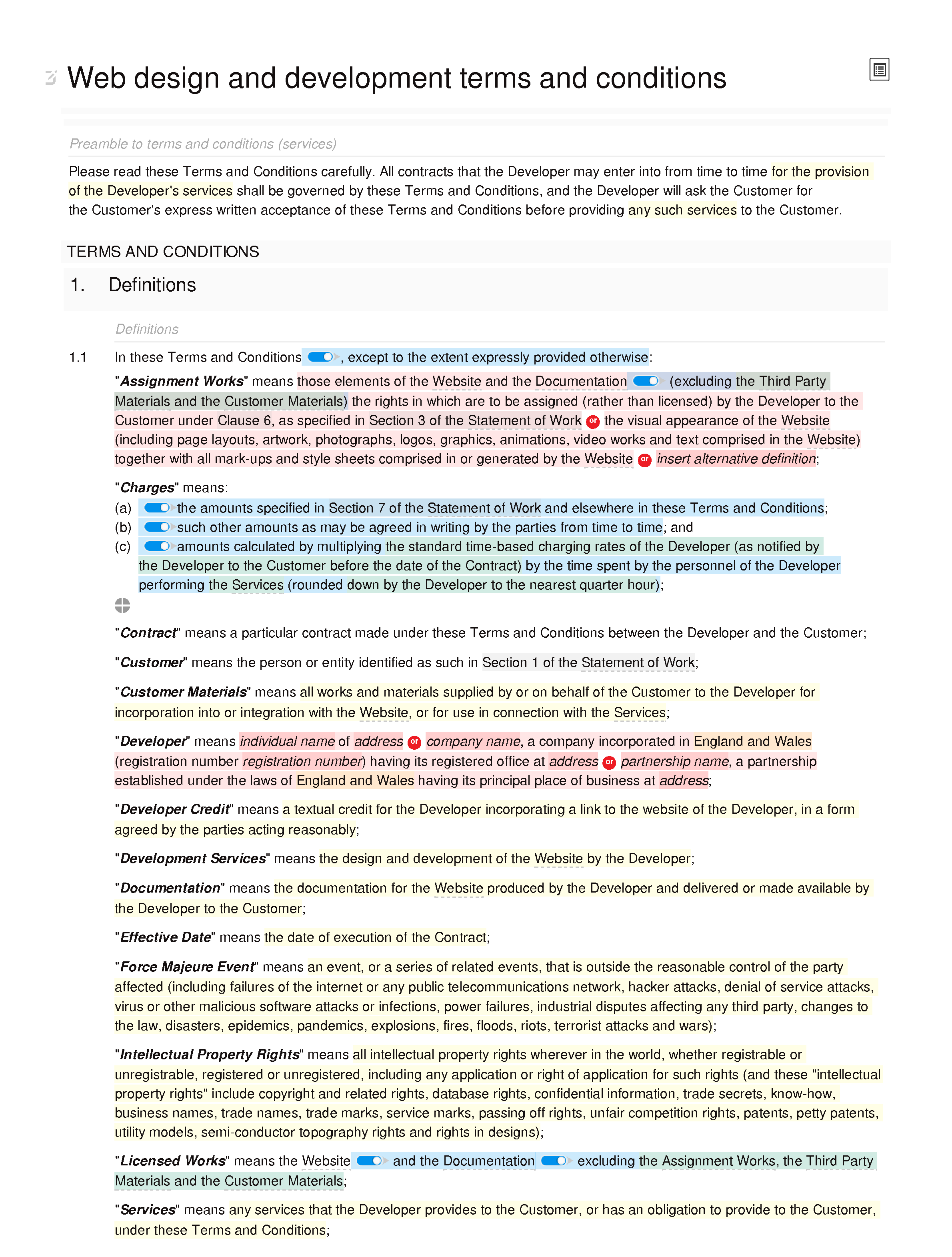 Web design and development terms and conditions (basic) document editor preview