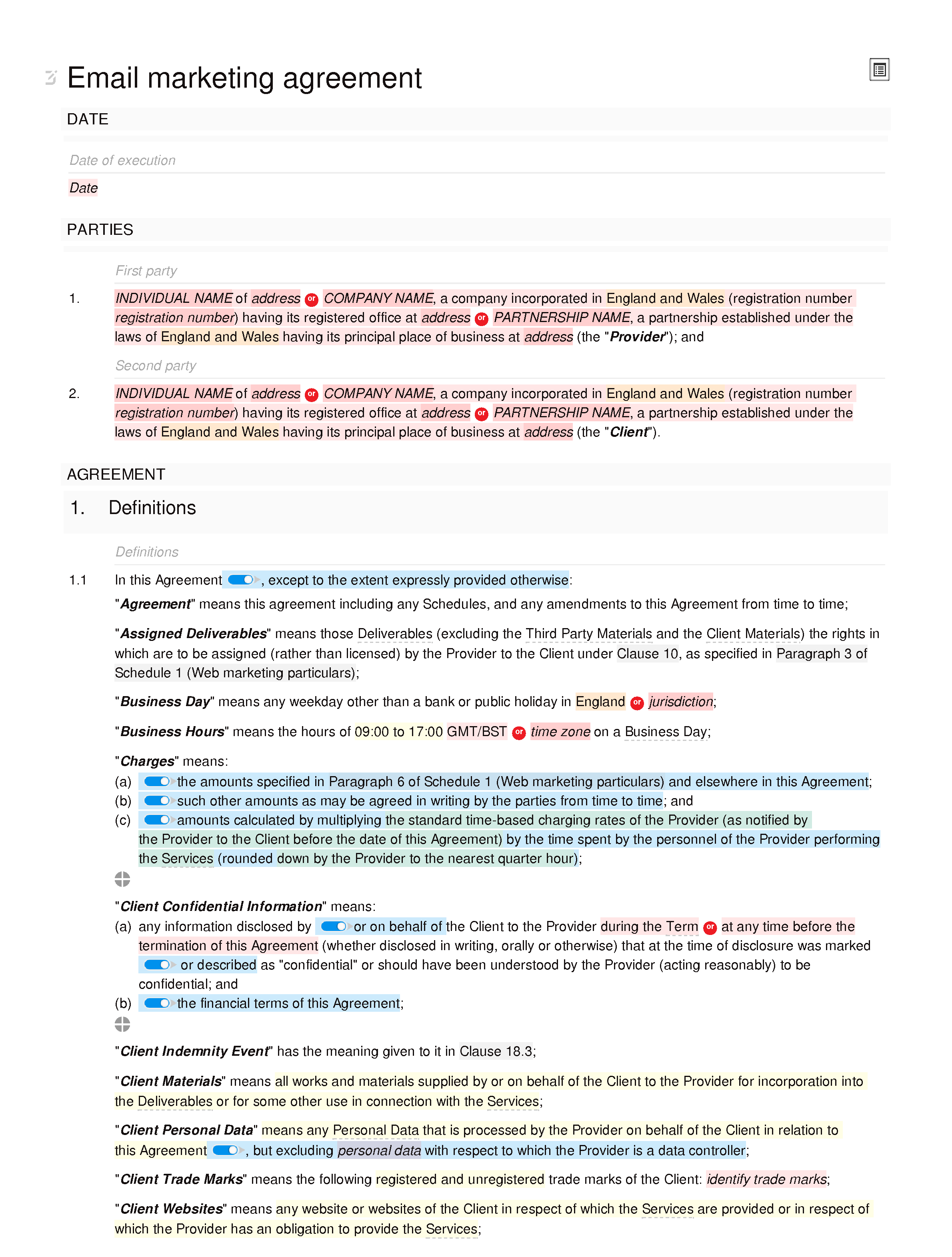 Email marketing agreement document editor preview