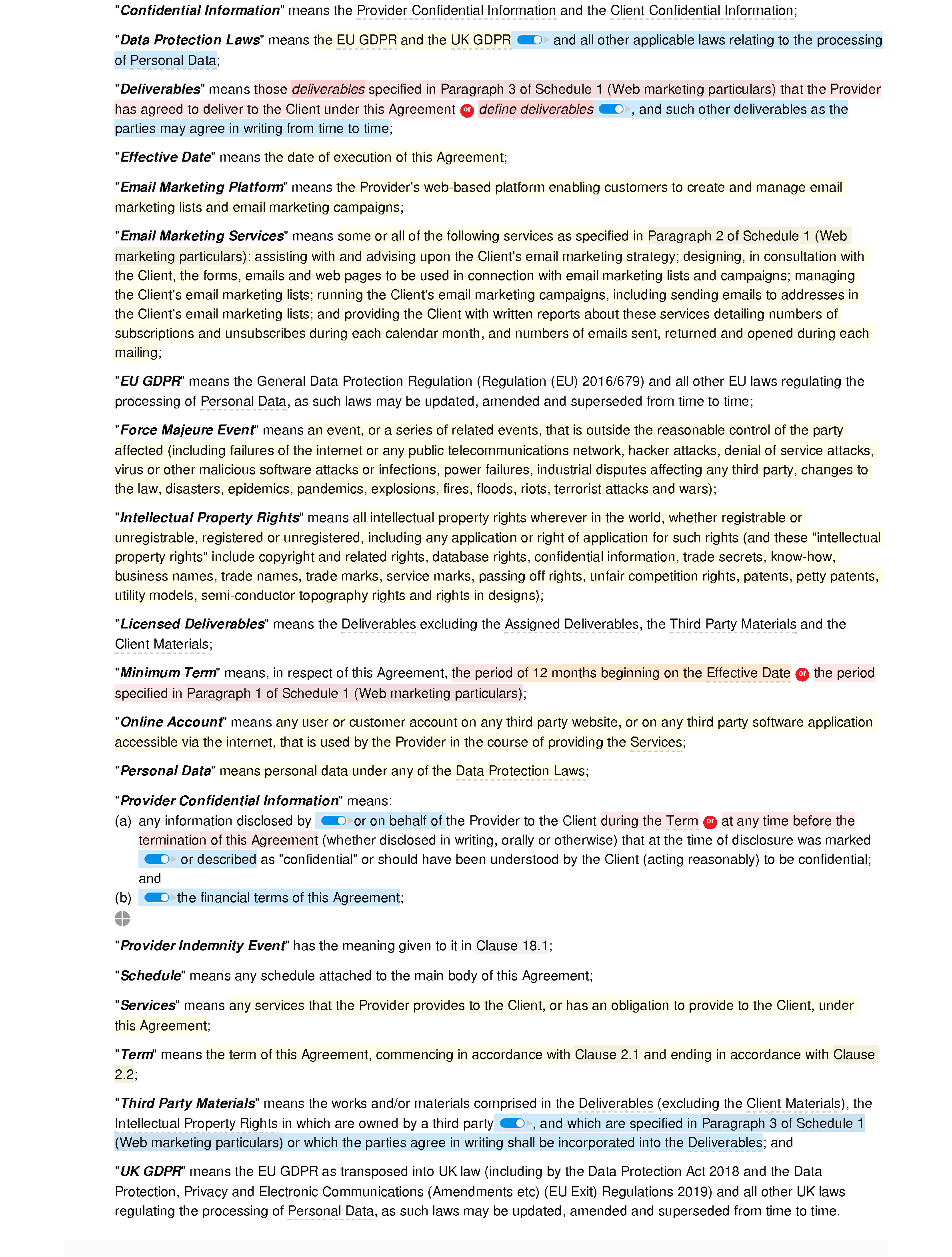 Email marketing agreement document editor preview