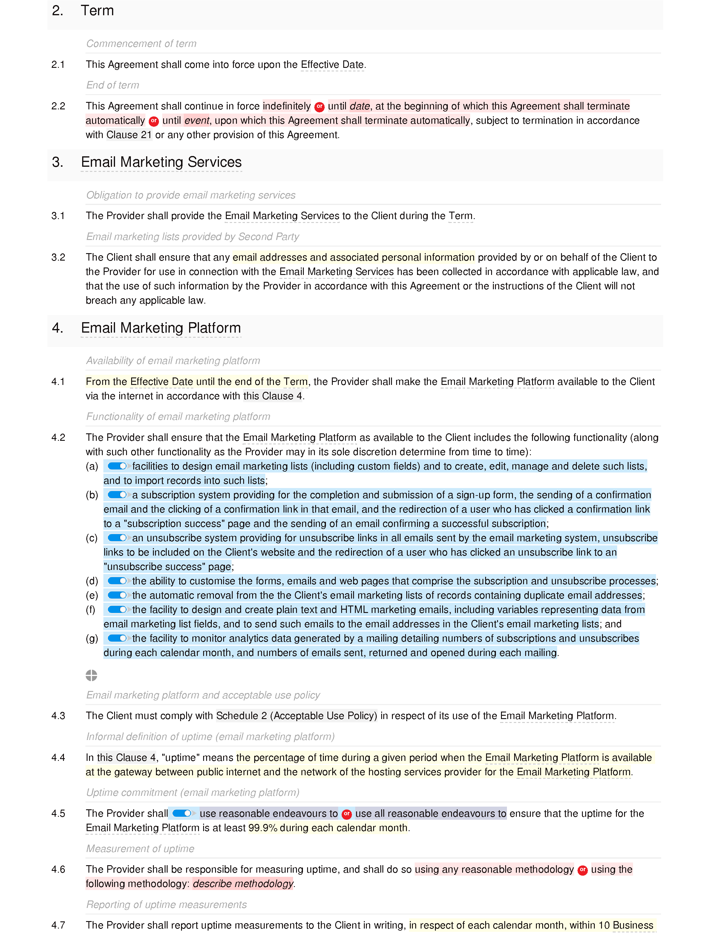 Email marketing agreement document editor preview