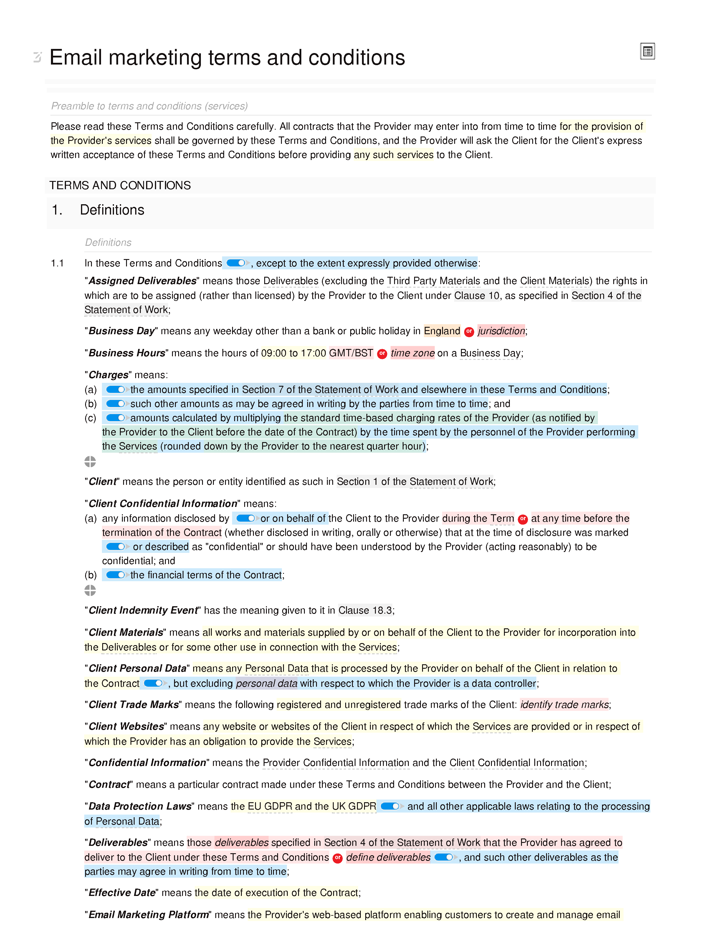 Email marketing terms and conditions document editor preview