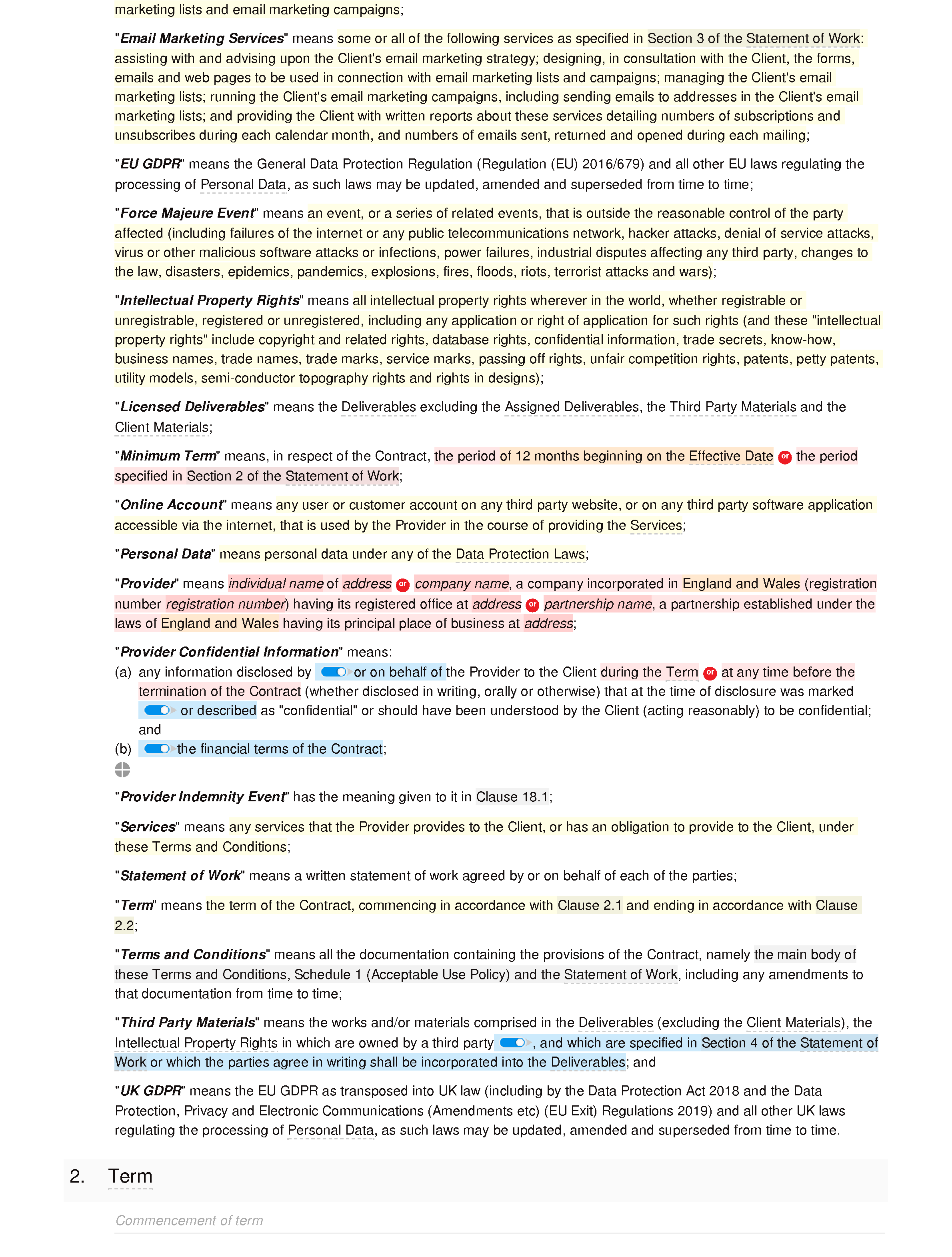 Email marketing terms and conditions document editor preview