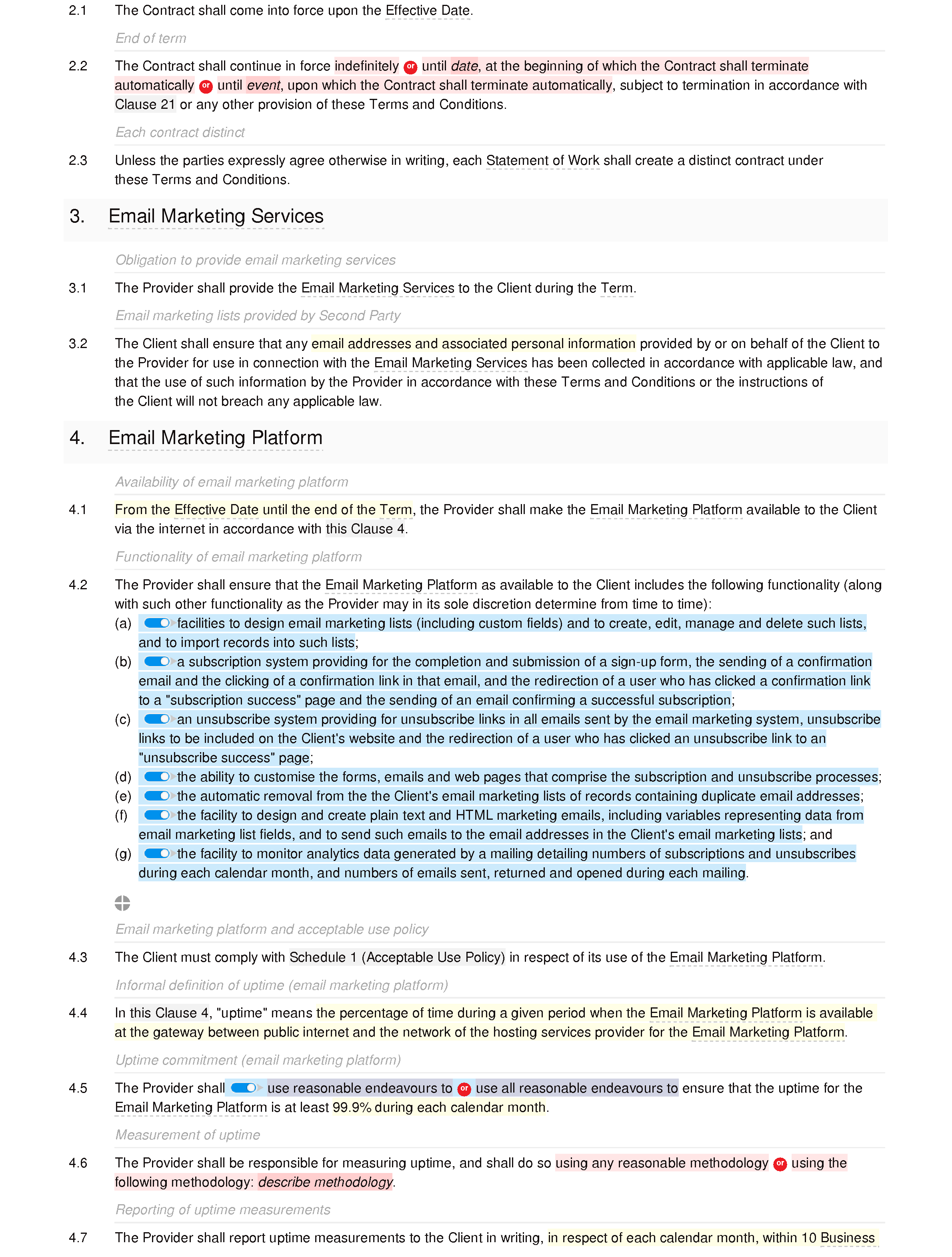 Email marketing terms and conditions document editor preview