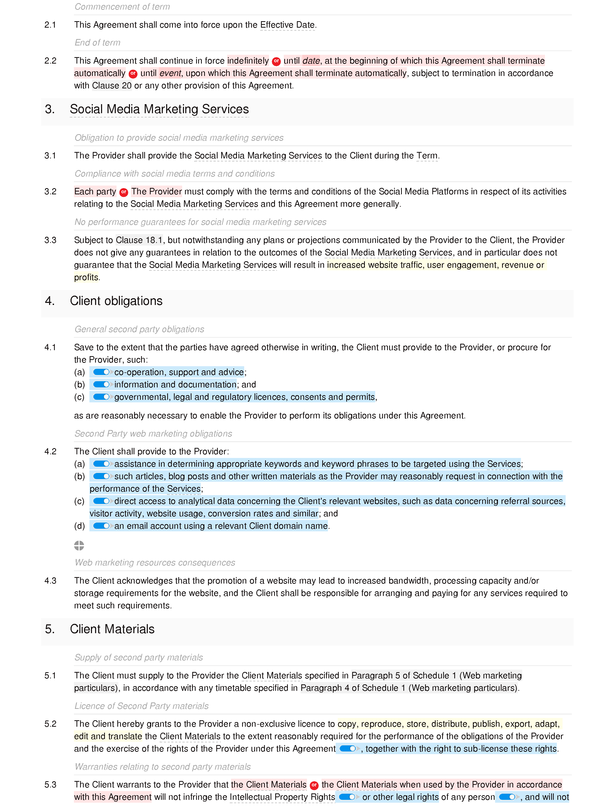 Social media marketing agreement document editor preview