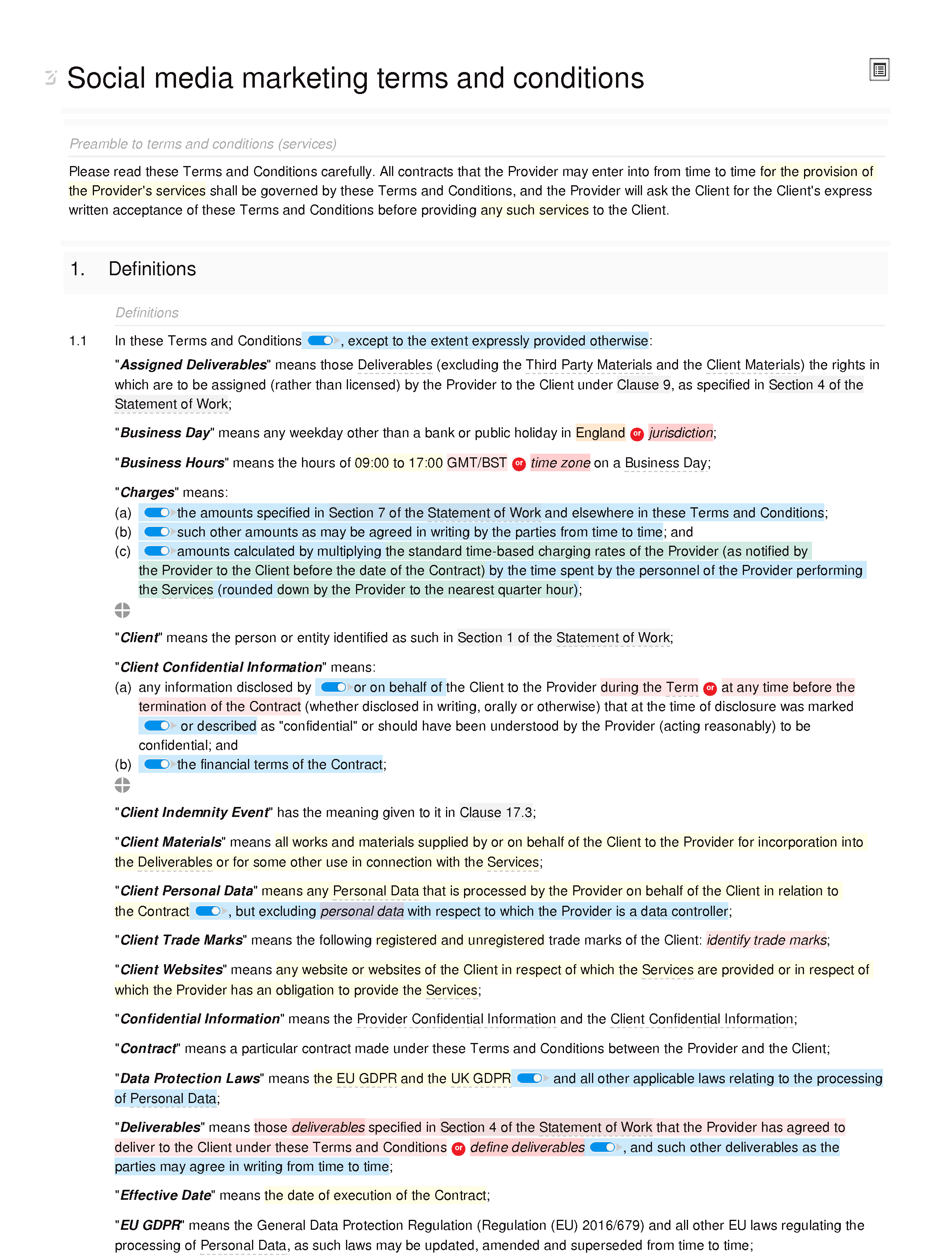 Social media marketing terms and conditions document editor preview