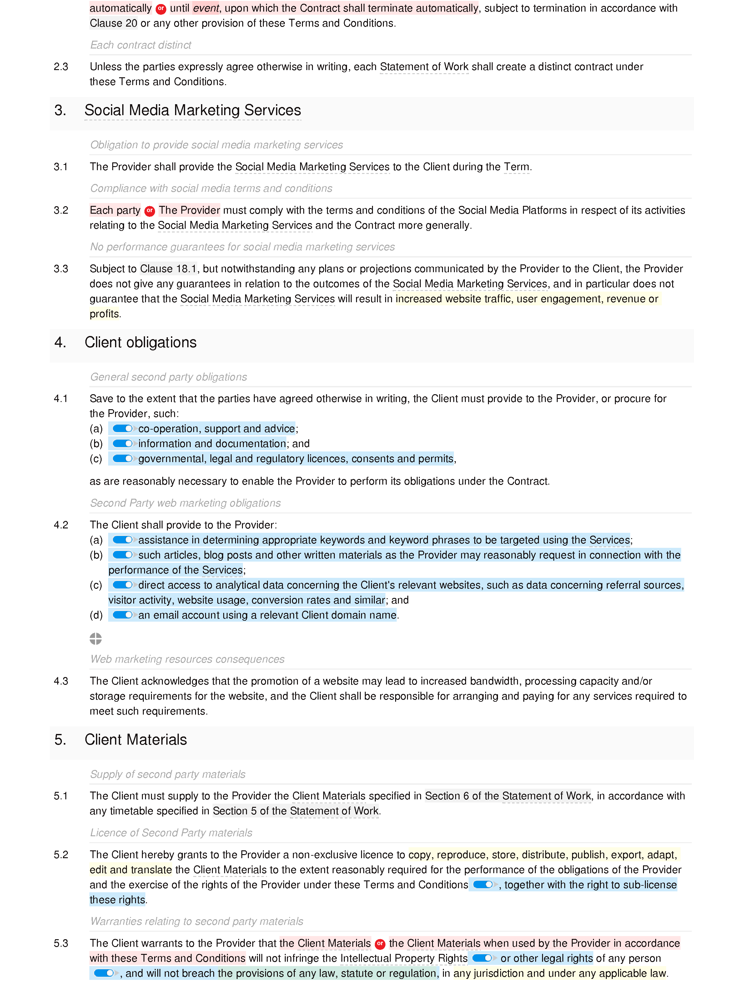 Social media marketing terms and conditions document editor preview