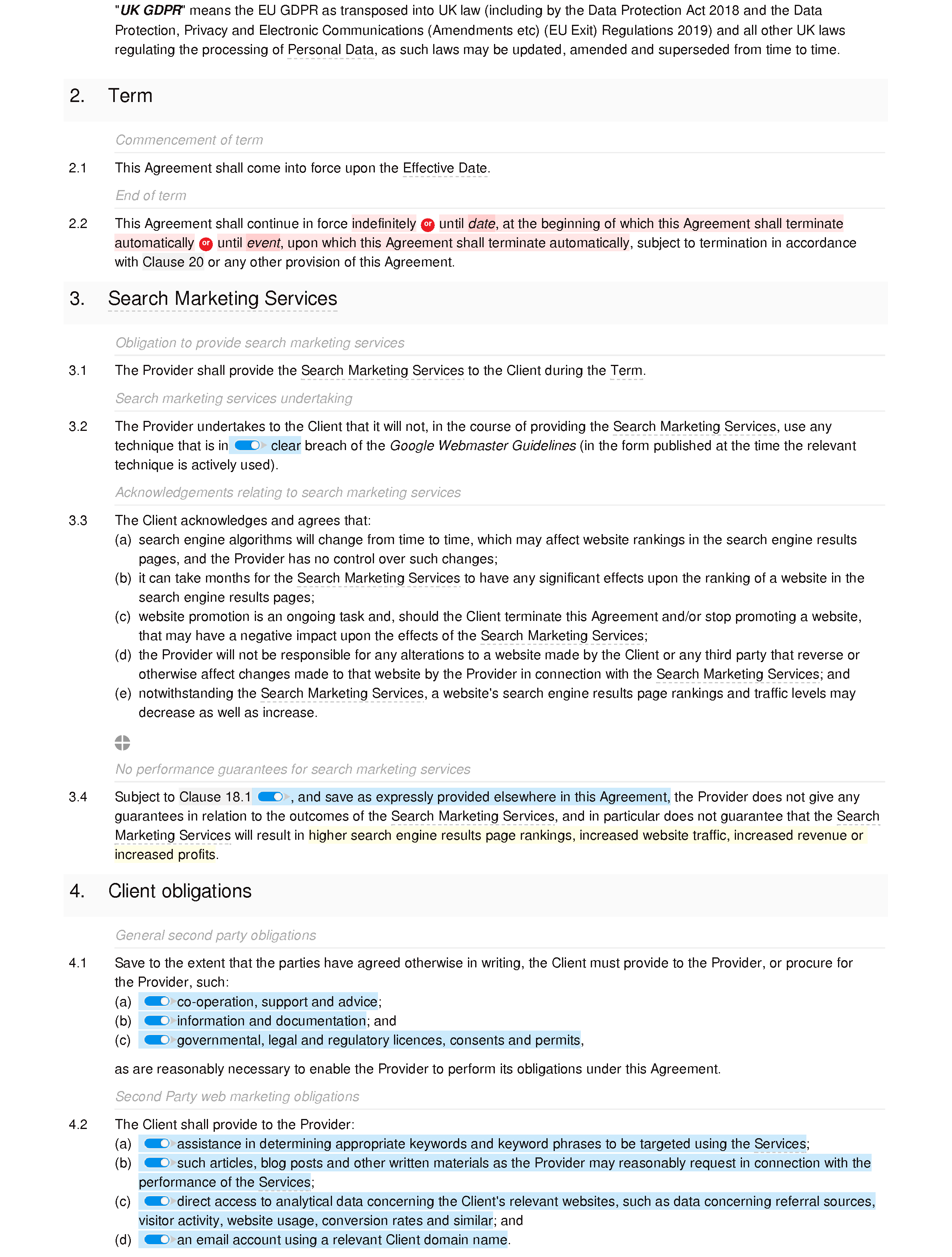 SEO agreement document editor preview
