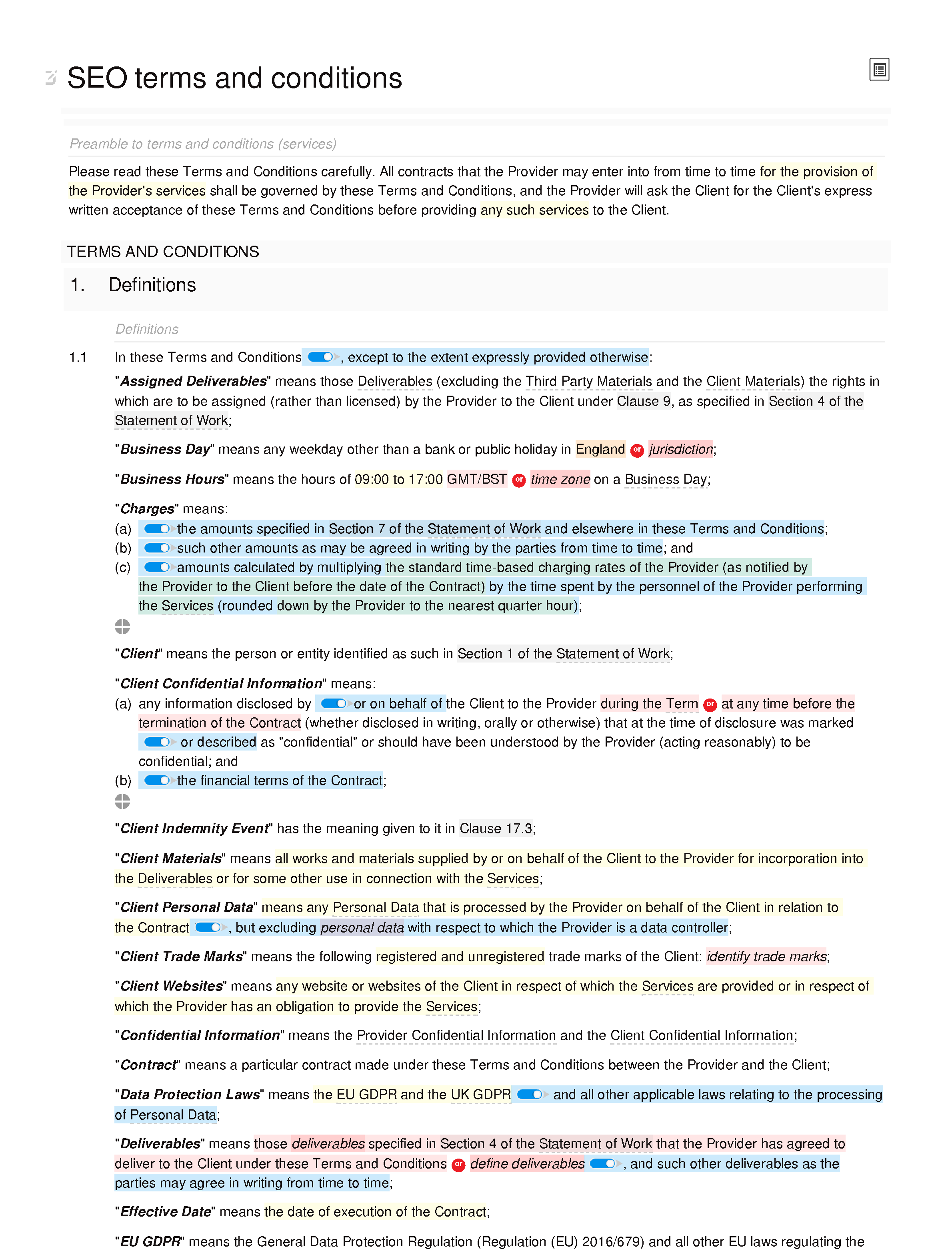 SEO terms and conditions document editor preview