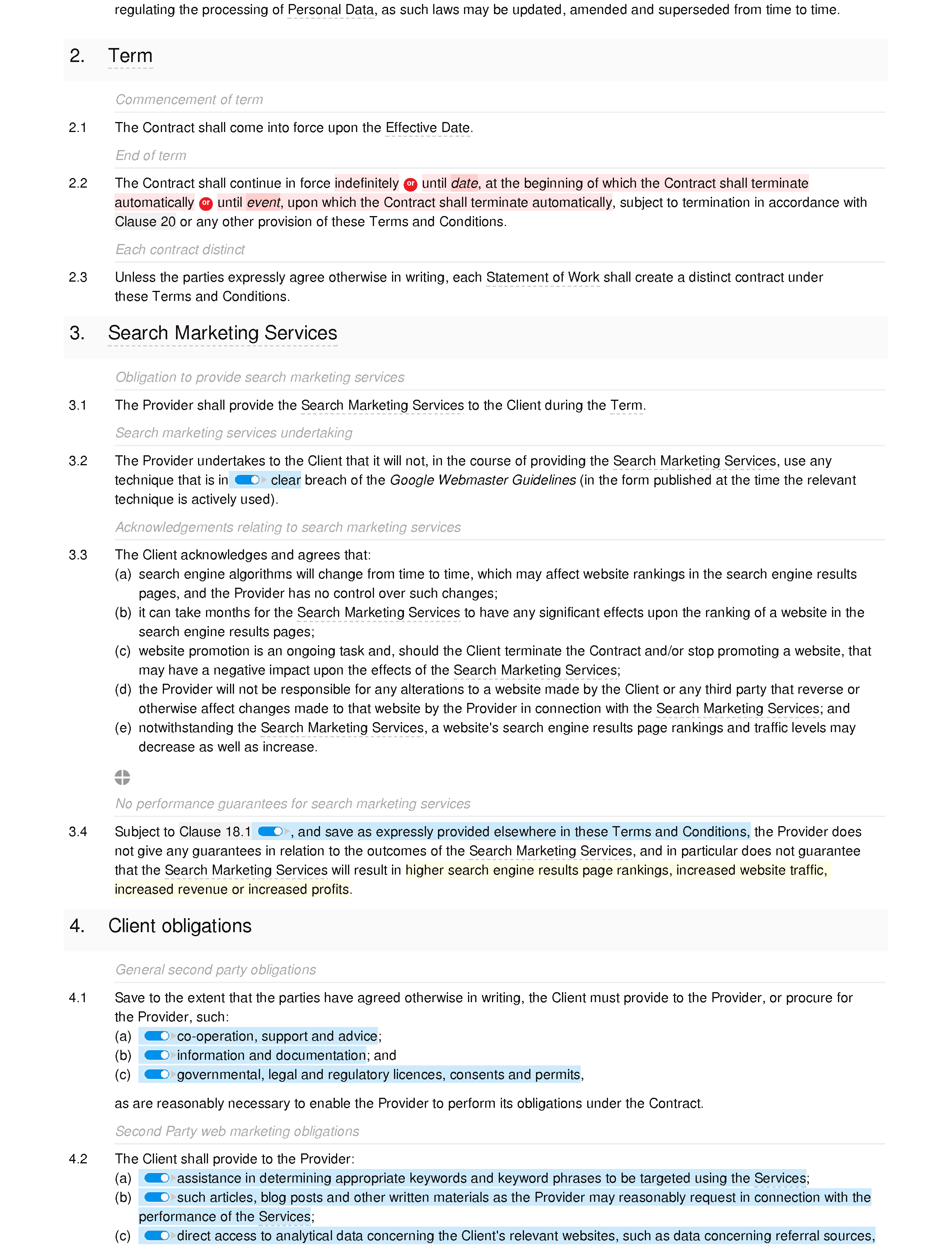 SEO terms and conditions document editor preview