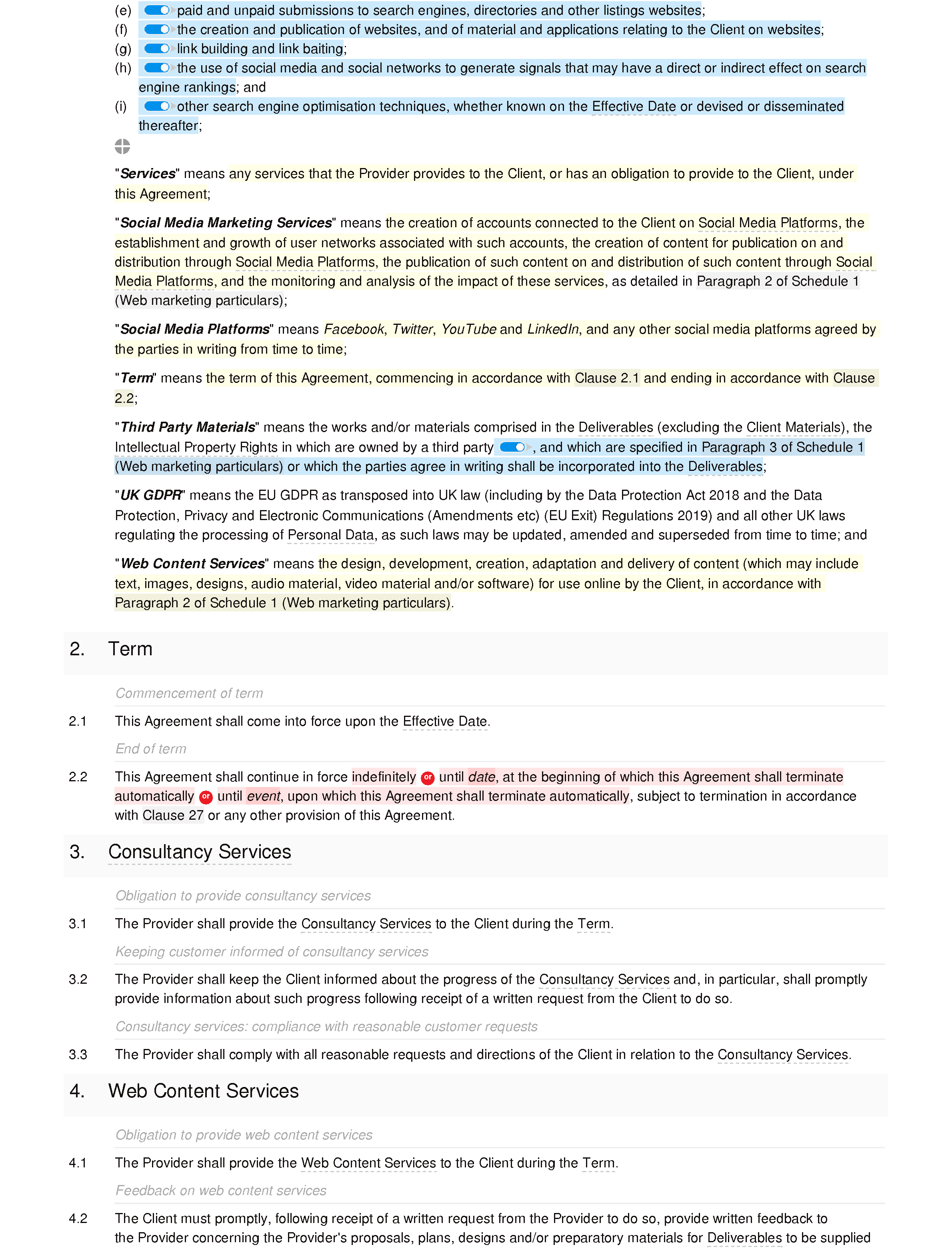 Web marketing agreement document editor preview