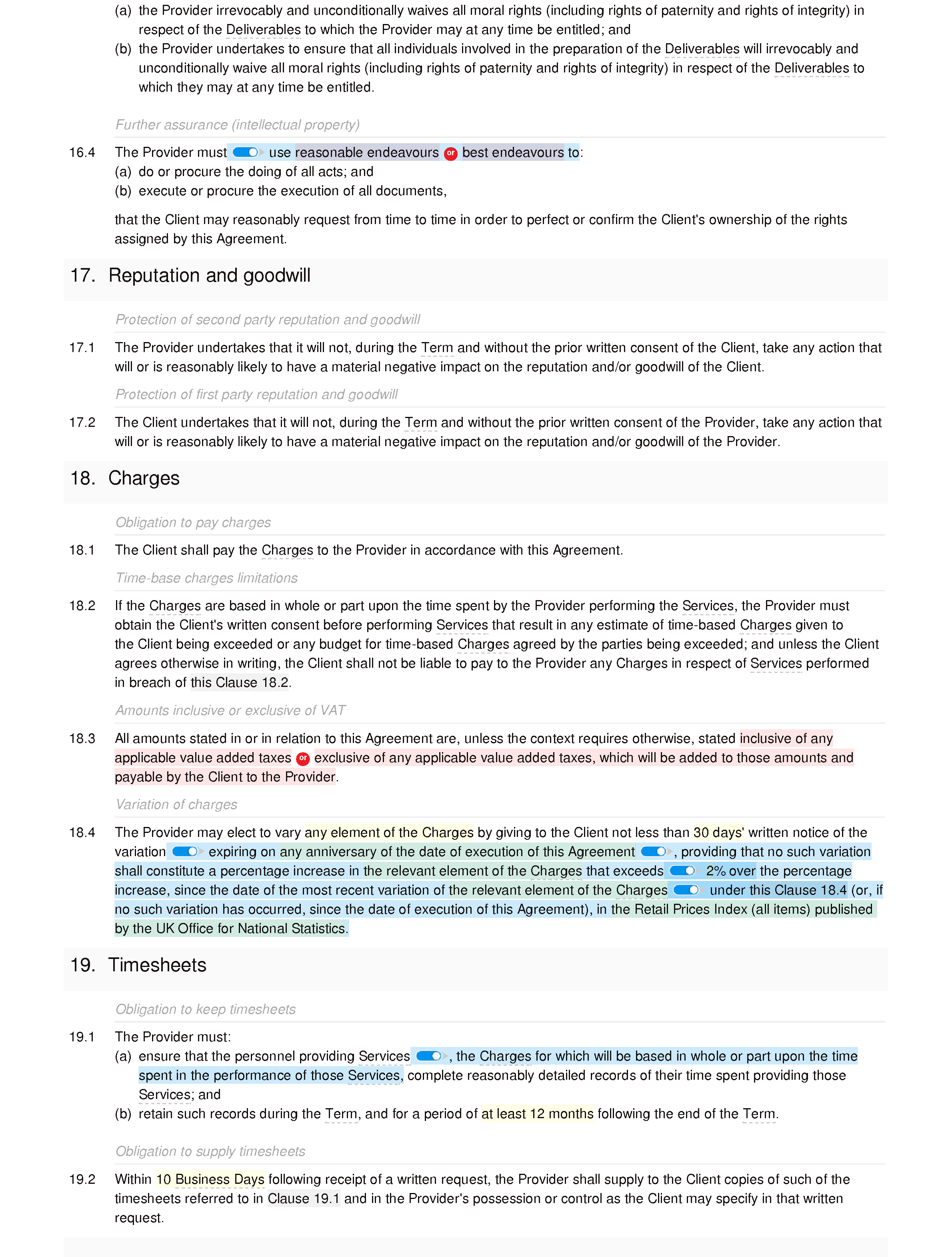 Web marketing agreement document editor preview