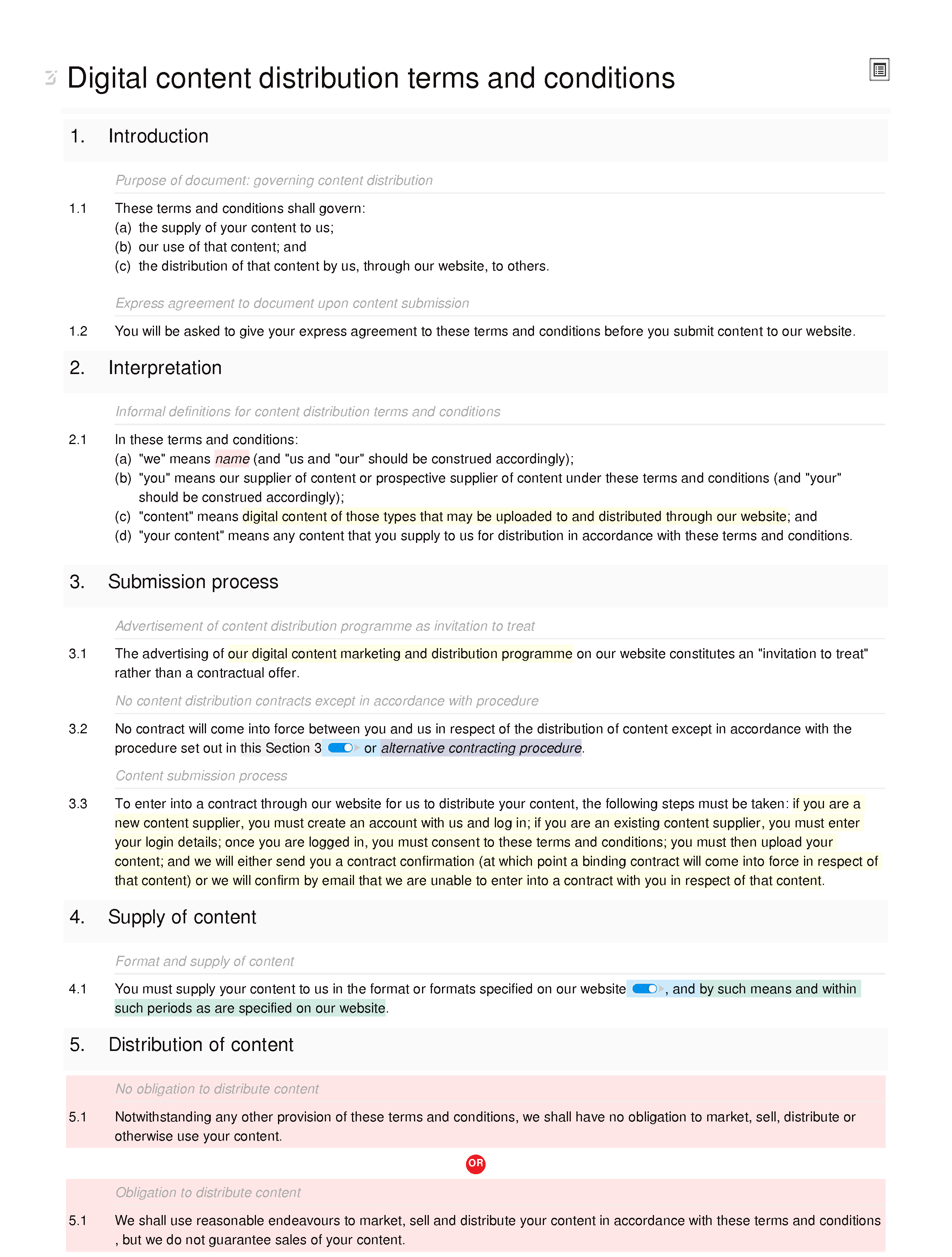 Digital content distribution terms and conditions document editor preview