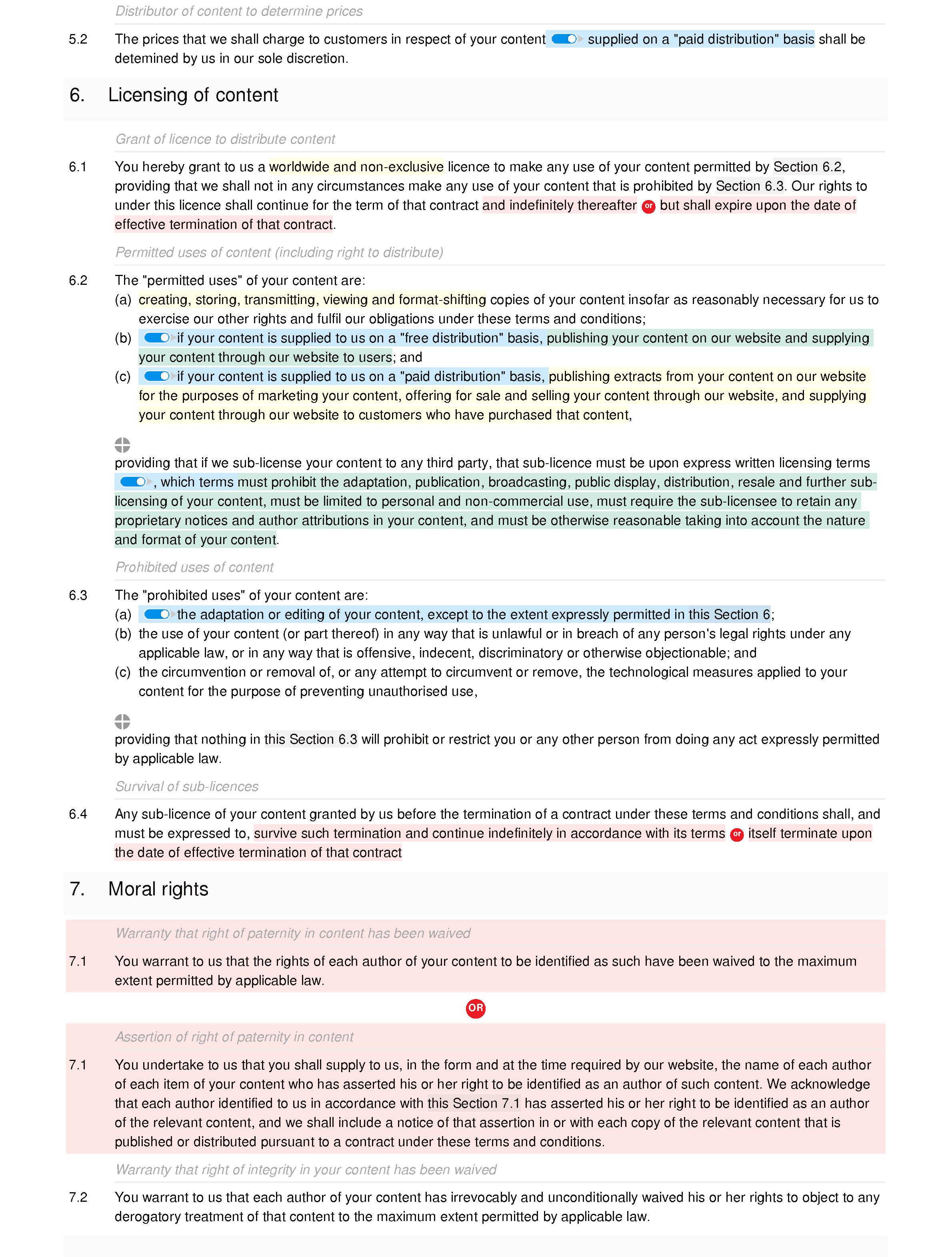Digital content distribution terms and conditions document editor preview