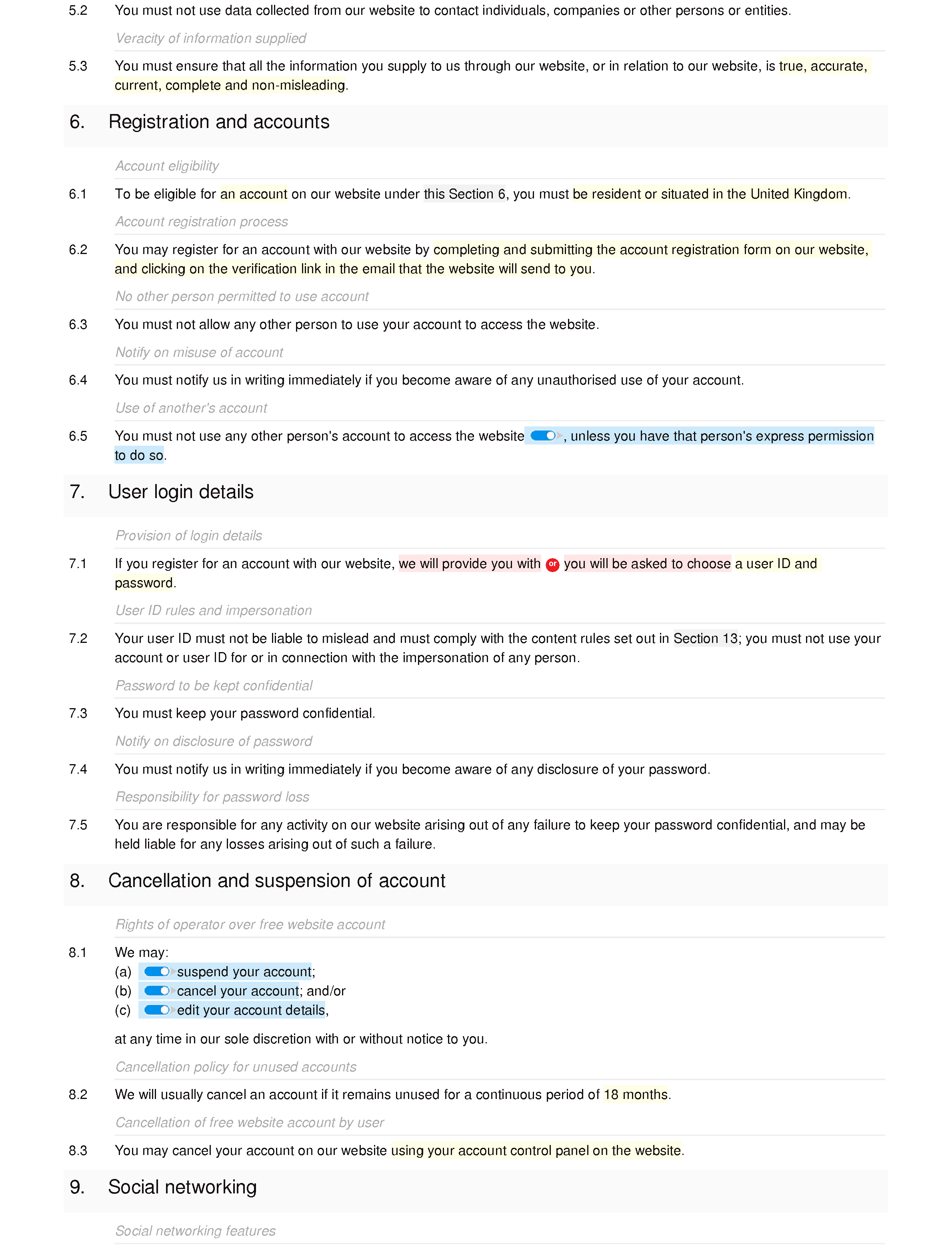 Social network and questions website terms and conditions document editor preview