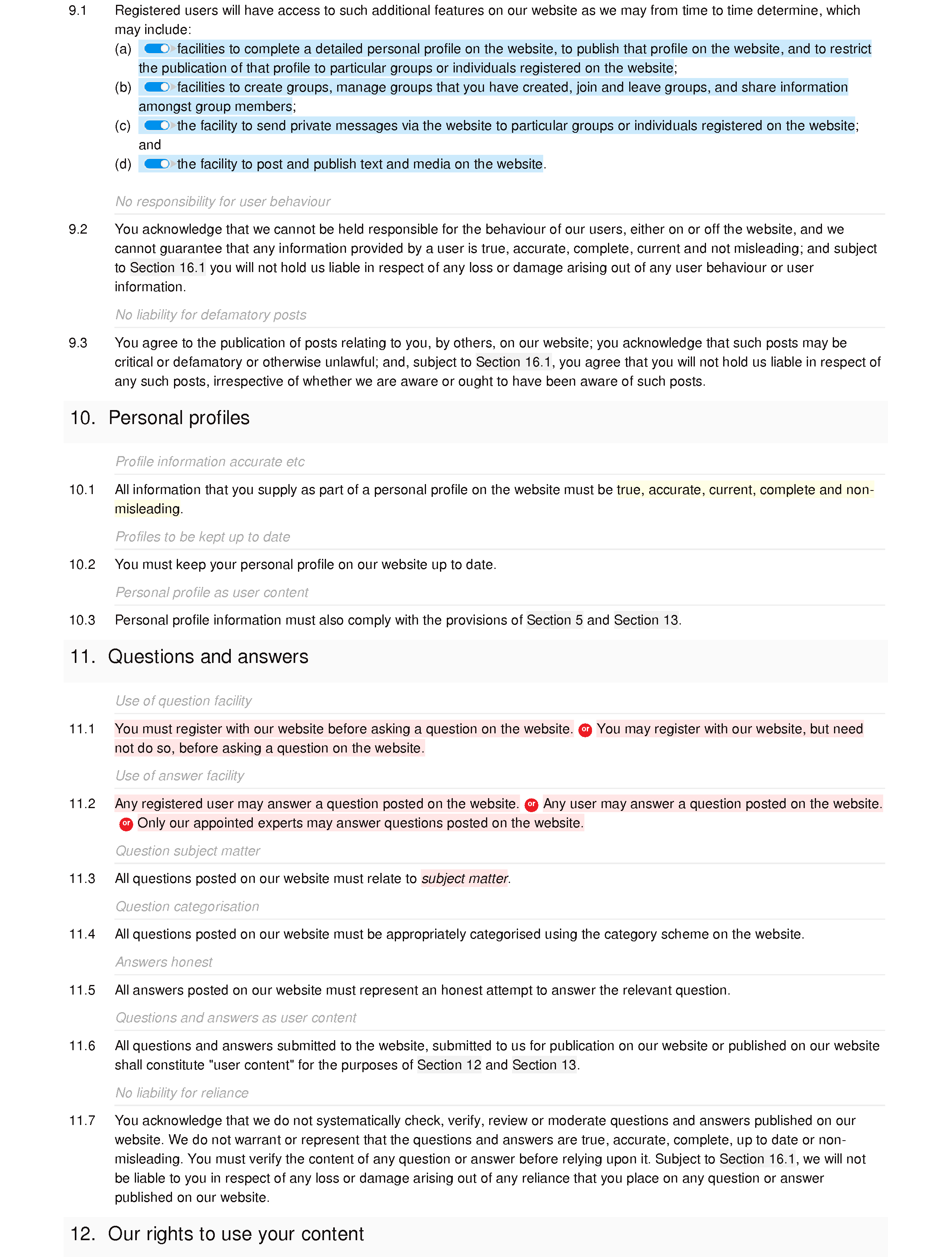 Social network and questions website terms and conditions document editor preview