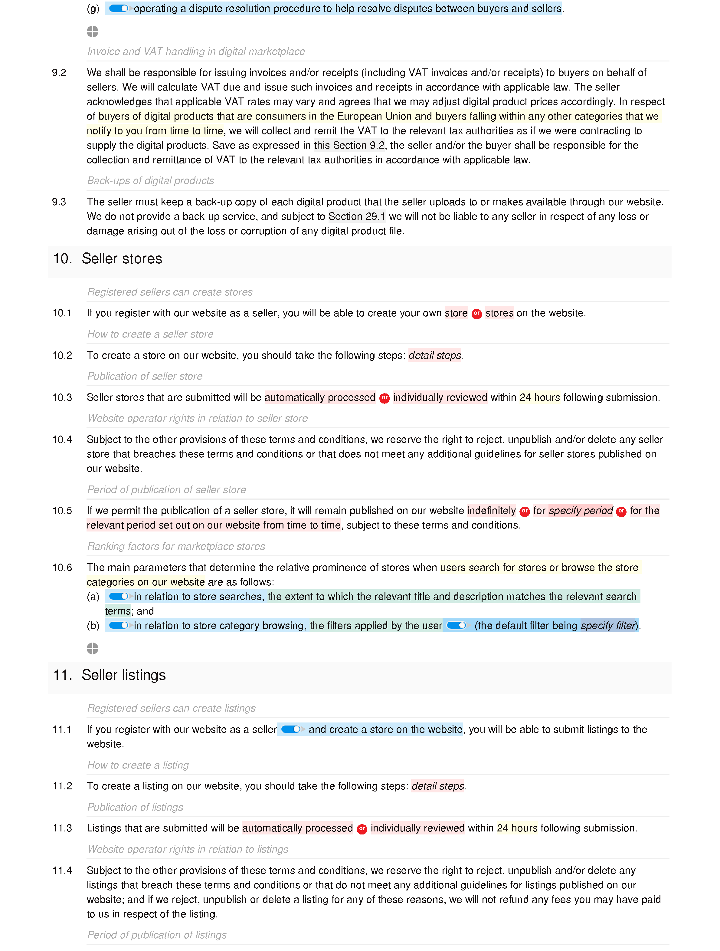 Digital marketplace website terms and conditions document editor preview