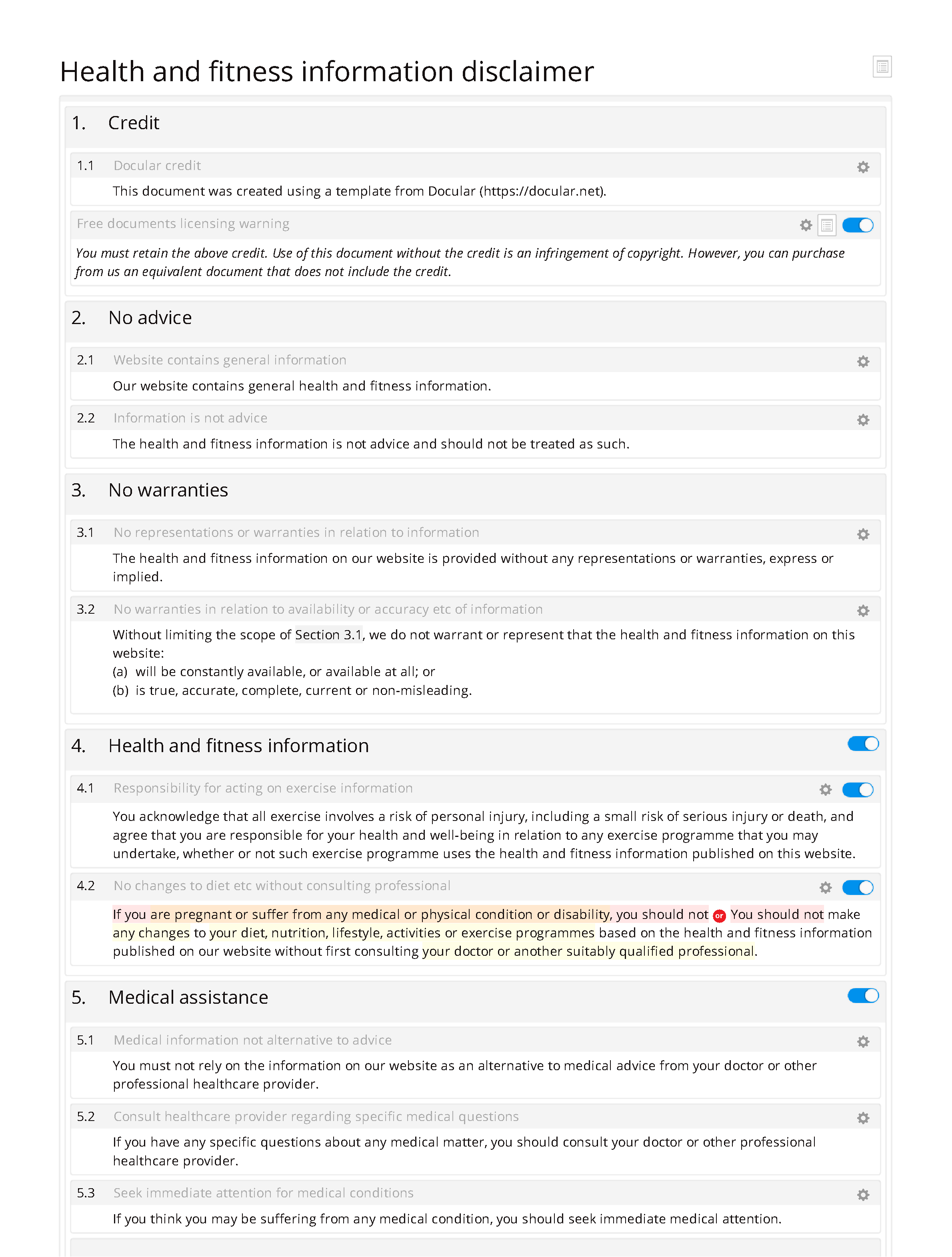 Free health and fitness information disclaimer document editor preview